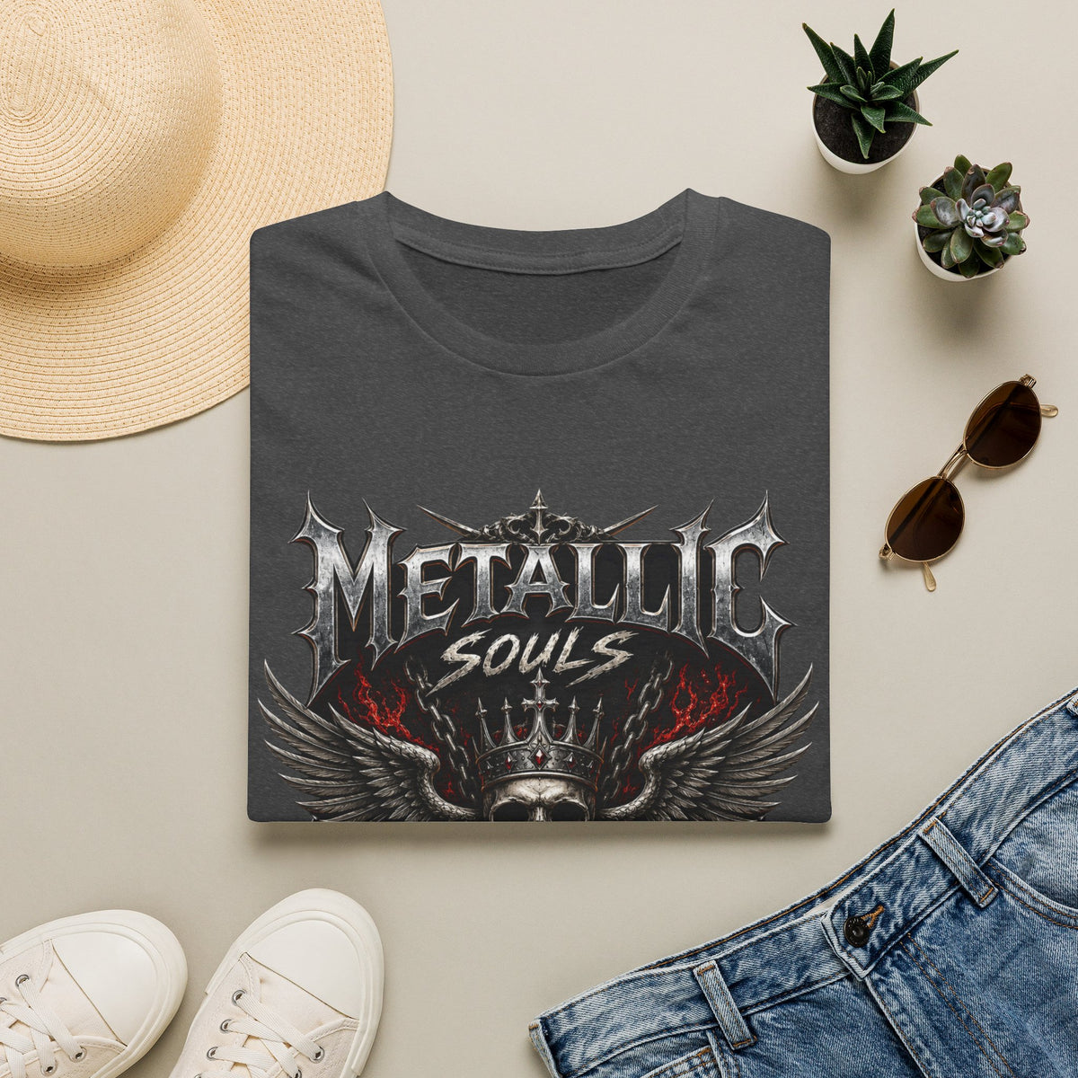 Metallic Souls Graphic T-Shirt — Gothic Skull & Wings Heavy Metal Tee
