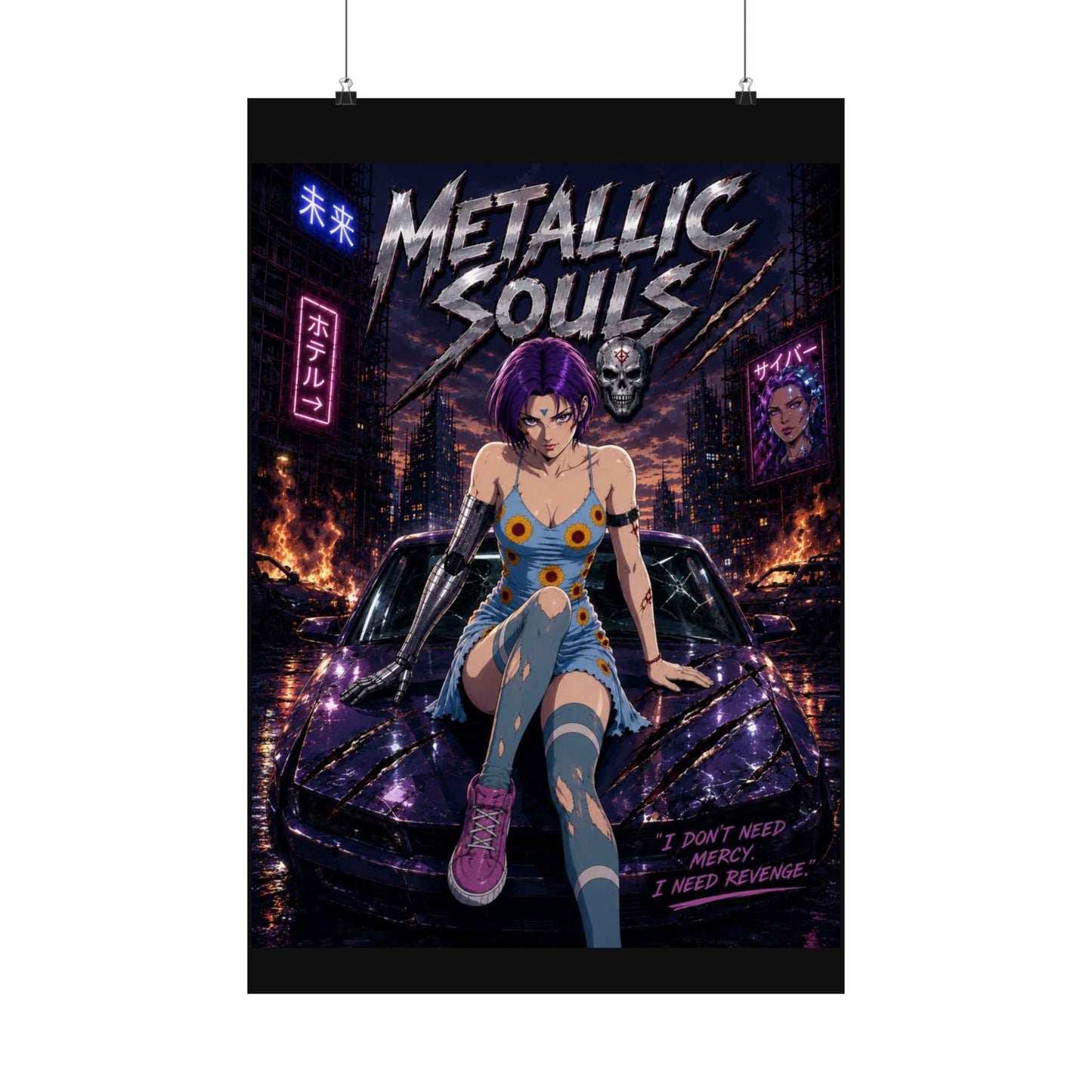 Metallic Souls Anime Poster — Cyberpunk Car Girl Matte Vertical Print