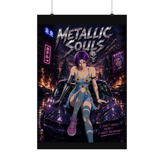 Metallic Souls Anime Poster — Cyberpunk Car Girl Matte Vertical Print