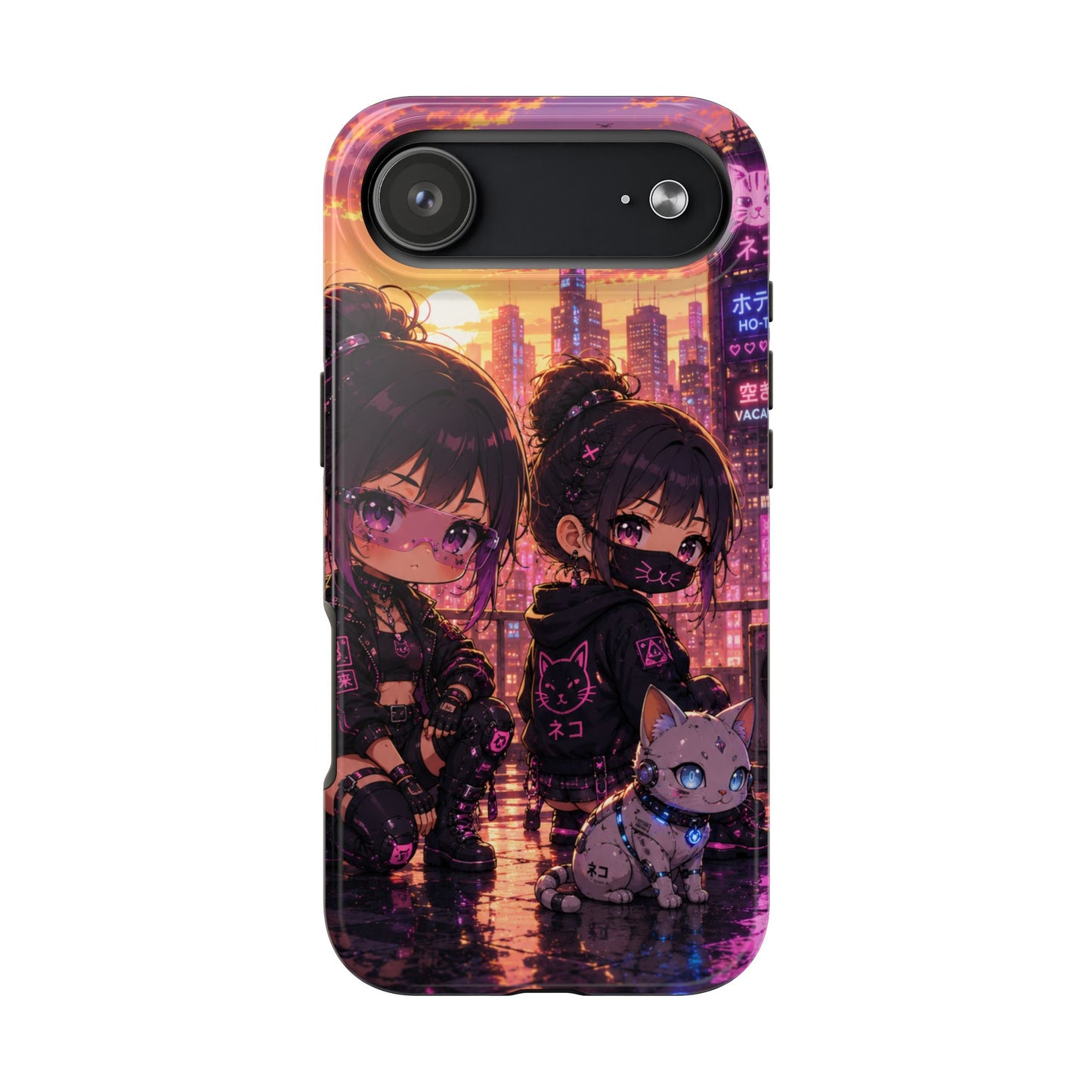 Anime City Night Tough Phone Case — Kawaii Cyberpunk Characters & Cat