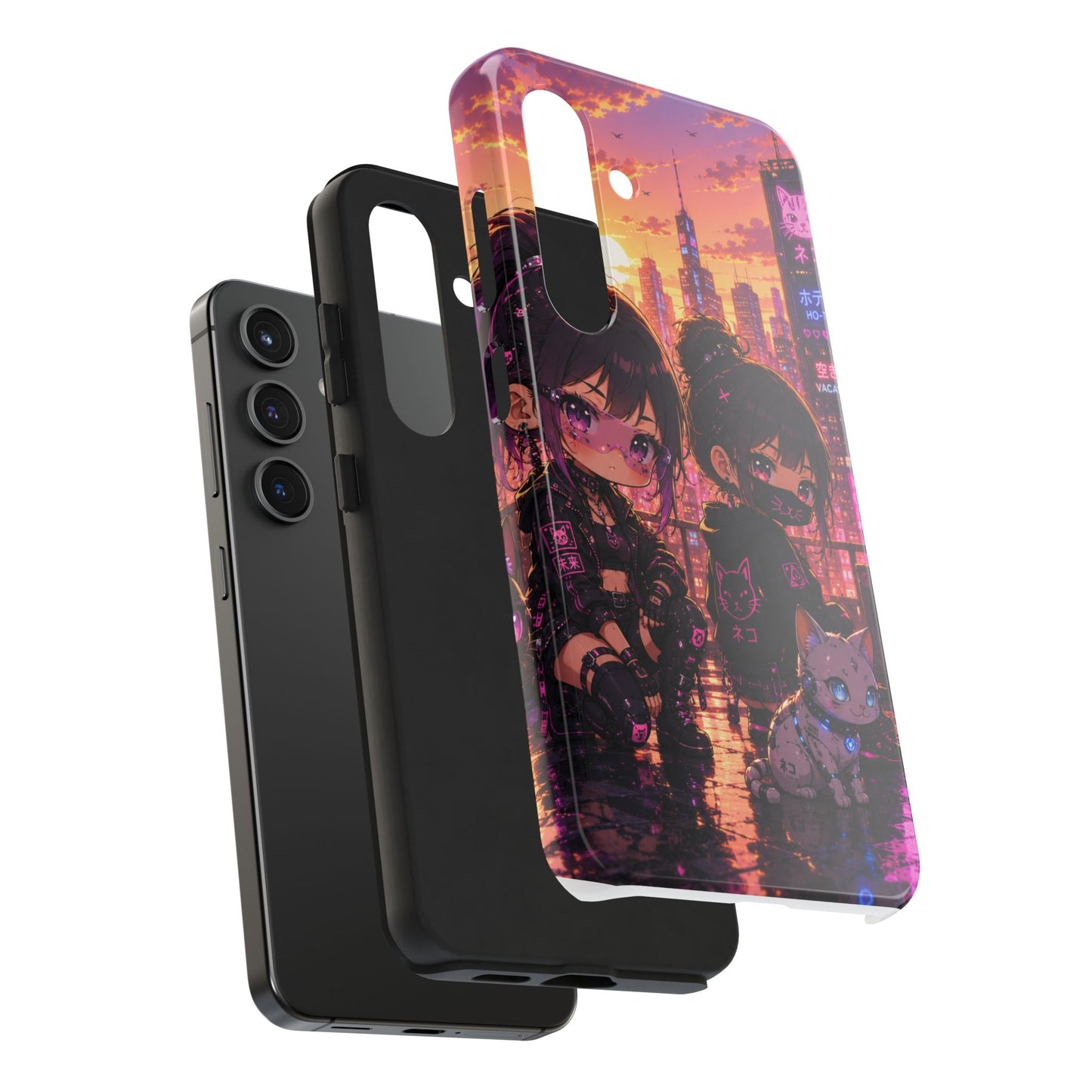 Anime City Night Tough Phone Case — Kawaii Cyberpunk Characters & Cat