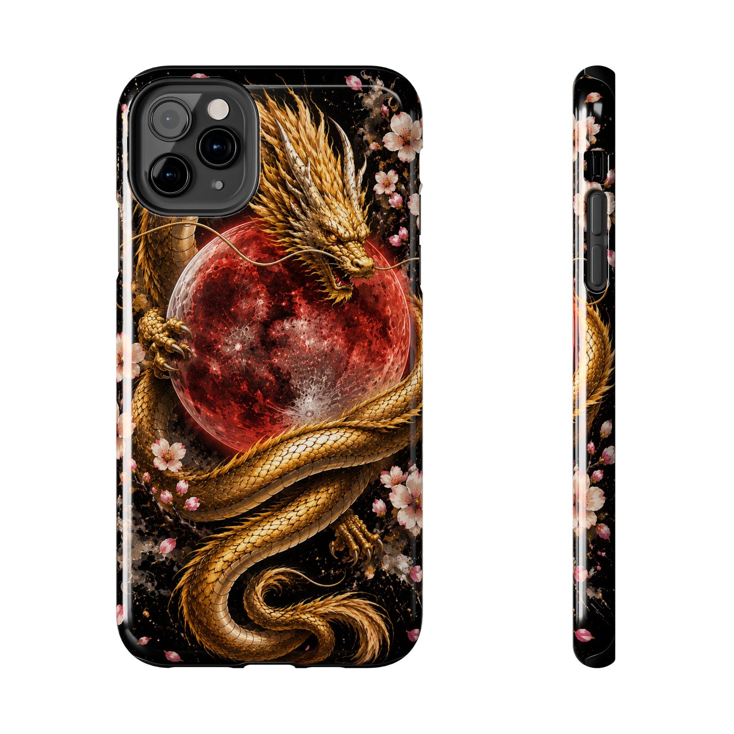 Golden Dragon Moon Tough Phone Case — Cherry Blossoms & Red Moon Protective Cover