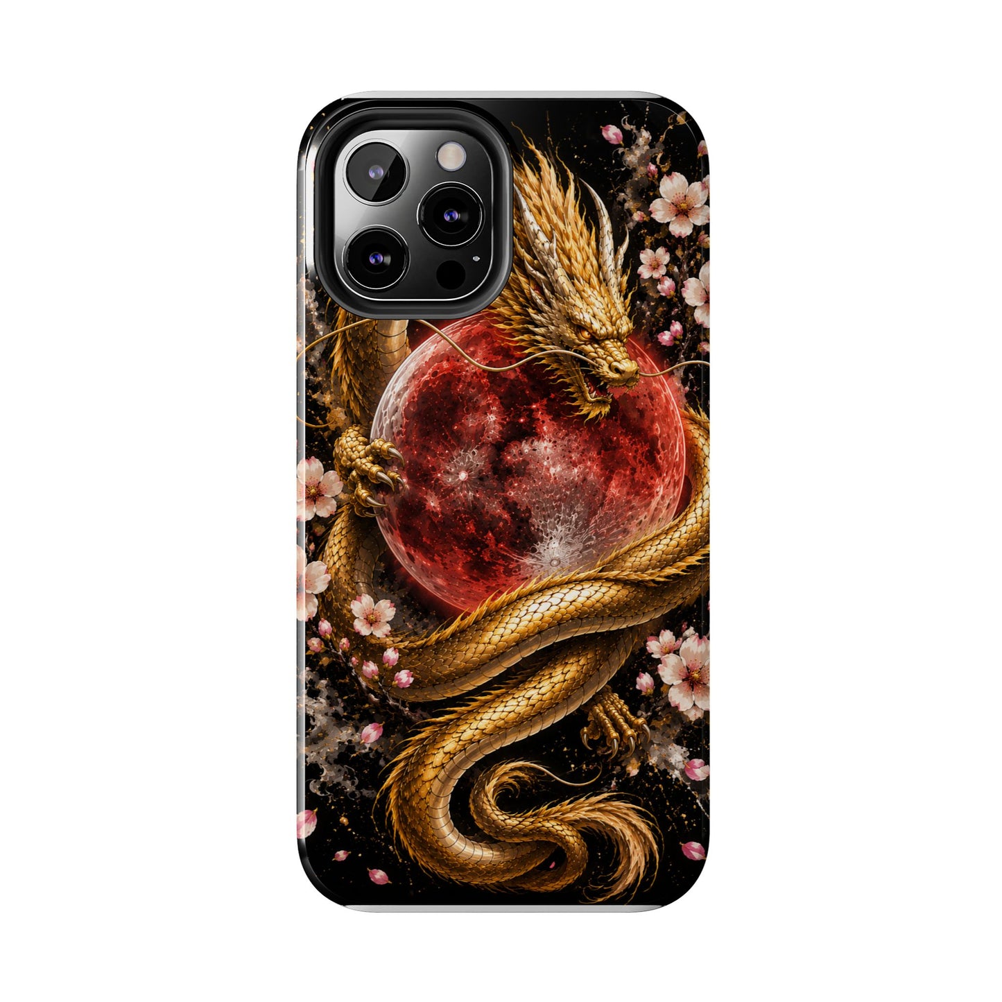 Golden Dragon Moon Tough Phone Case — Cherry Blossoms & Red Moon Protective Cover