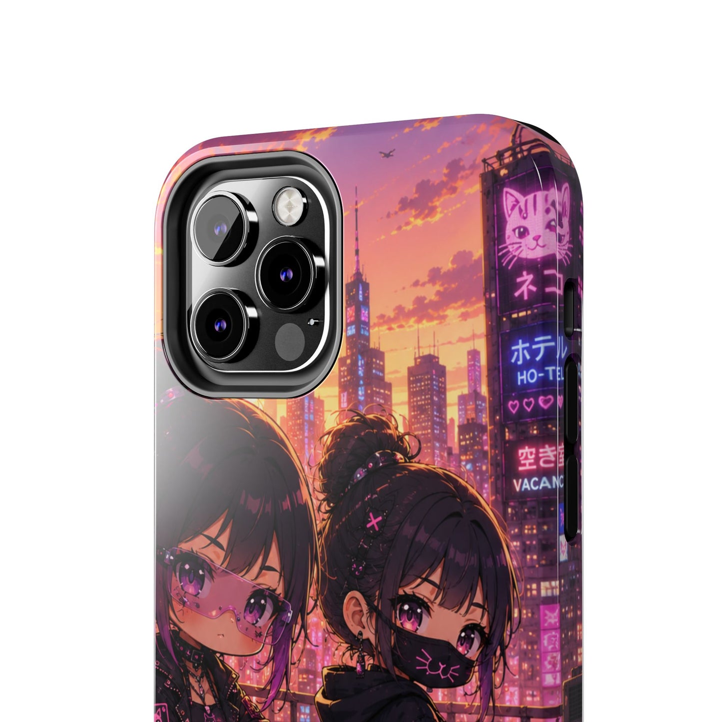 Anime City Night Tough Phone Case — Kawaii Cyberpunk Characters & Cat