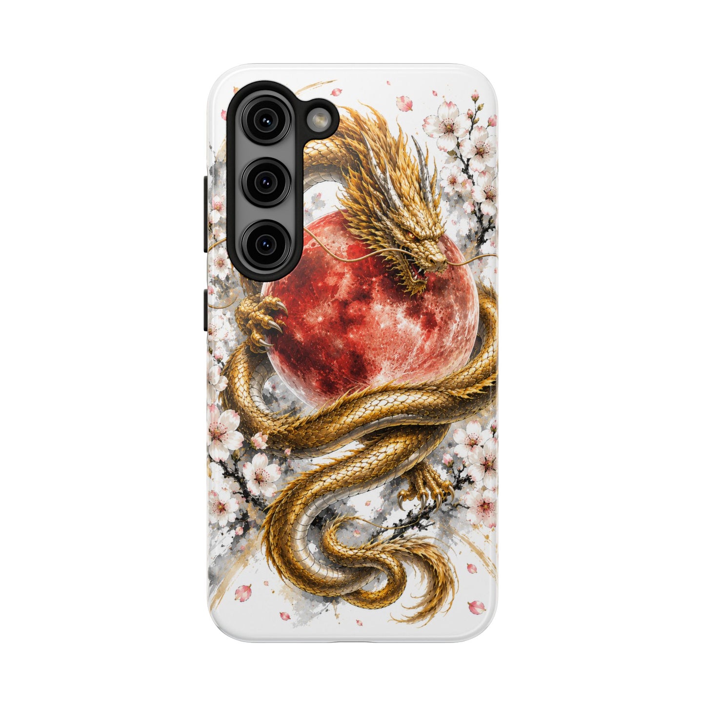 Golden Dragon Phone Case — Red Moon & Cherry Blossom Tough Phone Case