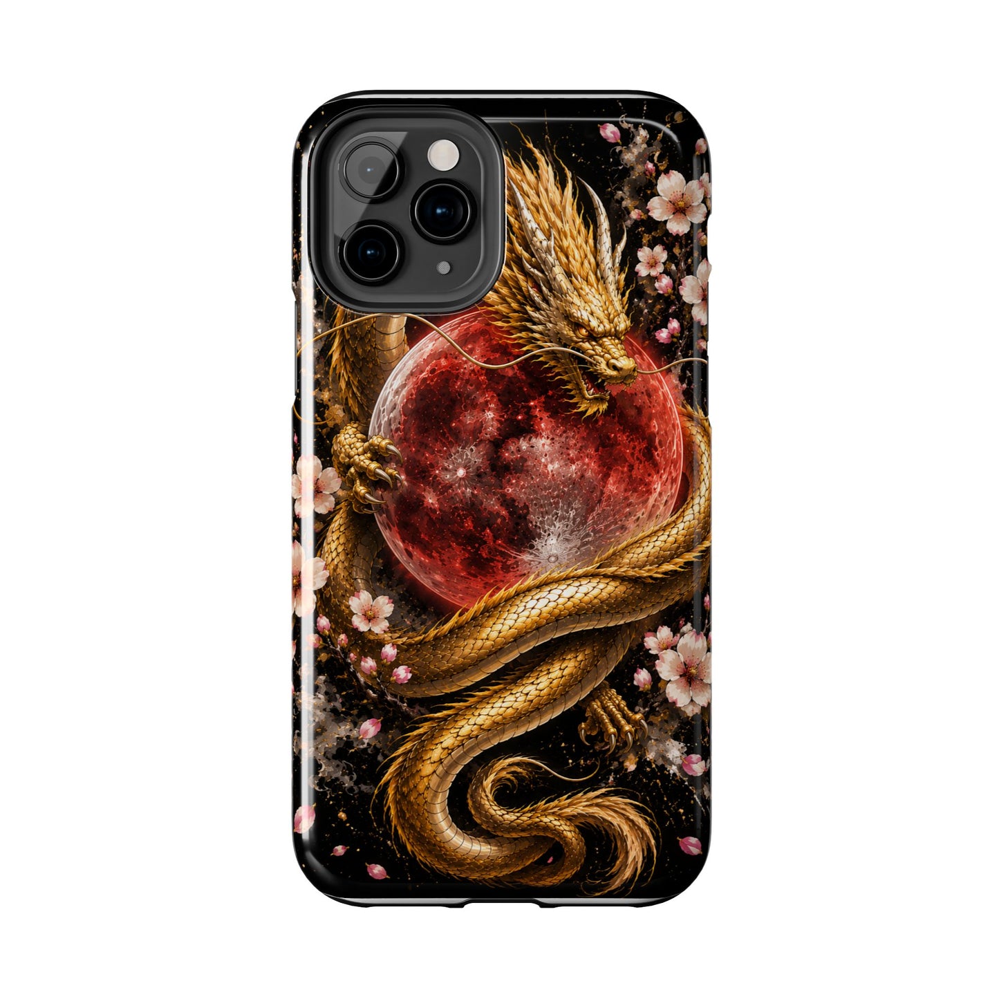 Golden Dragon Moon Tough Phone Case — Cherry Blossoms & Red Moon Protective Cover