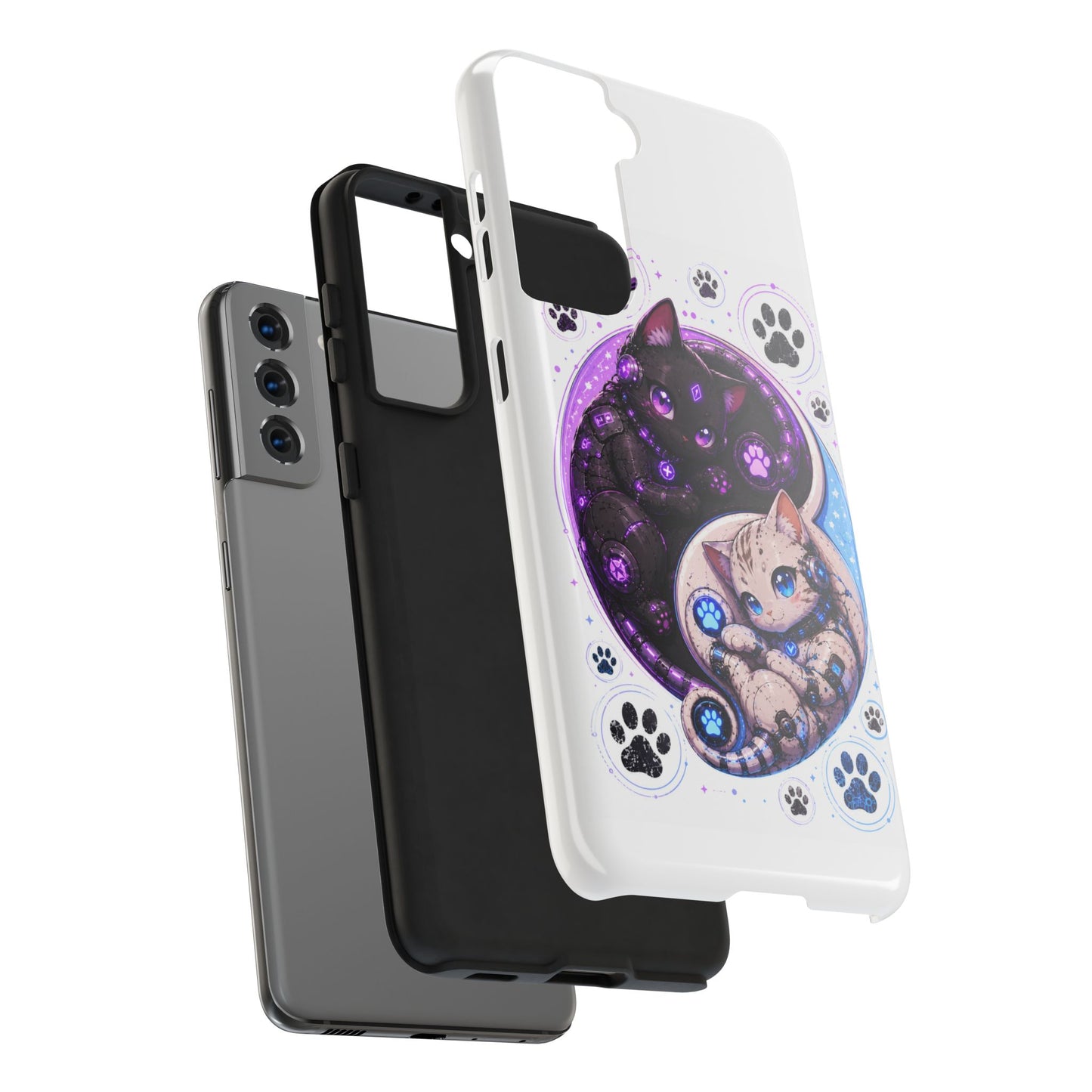 Cat Yin Yang Tough Phone Case — Black & White Kittens, Paw Print Protective Cover