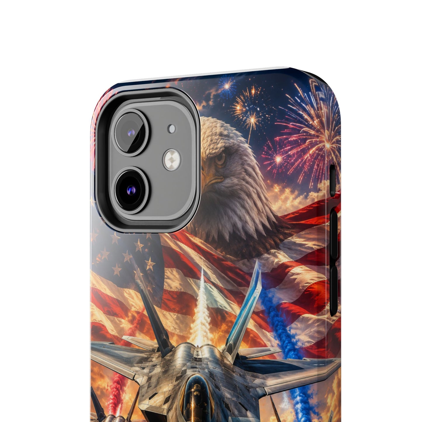 Patriotic Fighter Jet Phone Case with Eagle, American Flag & Fireworks Design