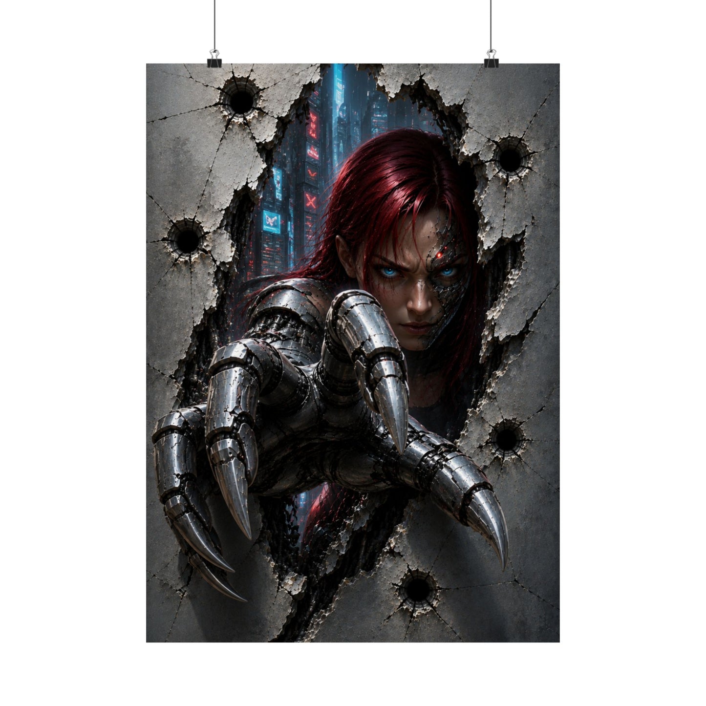 Cyberpunk Assassin Matte Poster — Red-Haired Cyborg Claw Wall Art