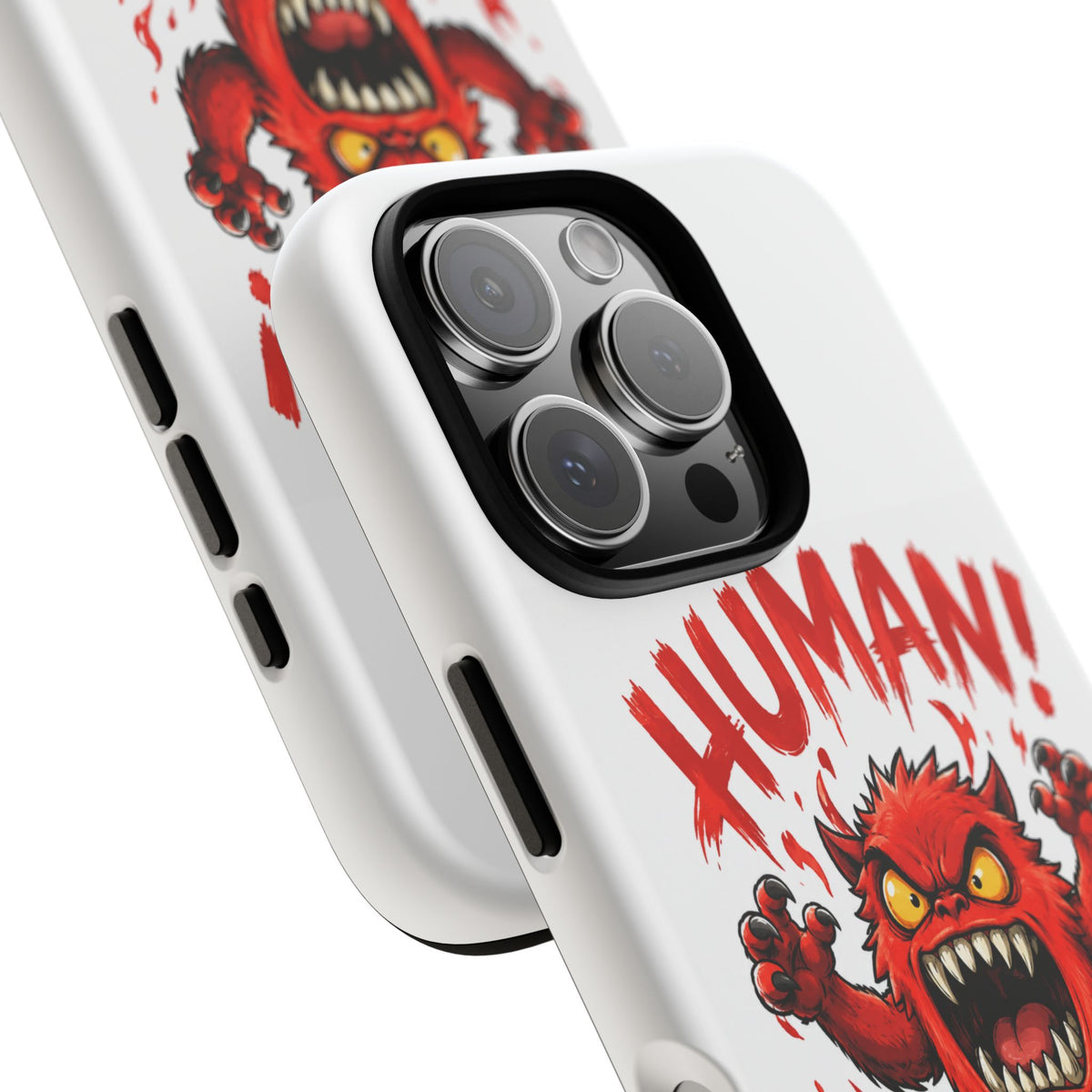 Angry Monster "HUMAN!" Phone Case — Cute Fiery Creature iPhone Cover