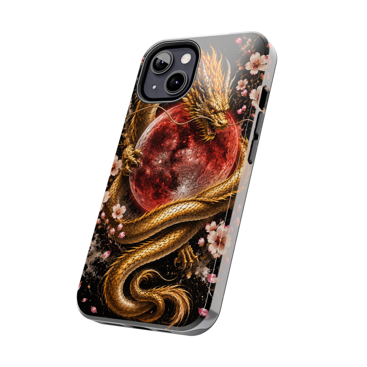 Golden Dragon Moon Tough Phone Case — Cherry Blossoms & Red Moon Protective Cover