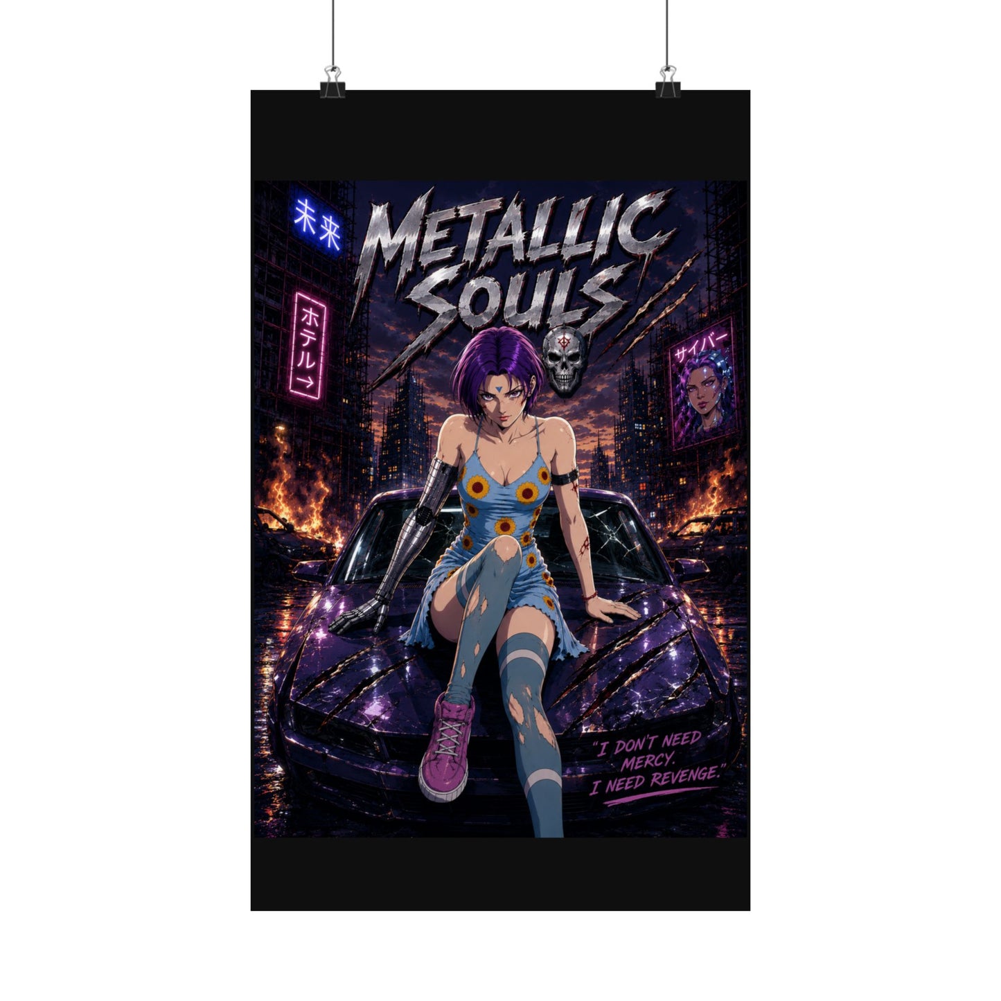 Metallic Souls Anime Poster — Cyberpunk Car Girl Matte Vertical Print