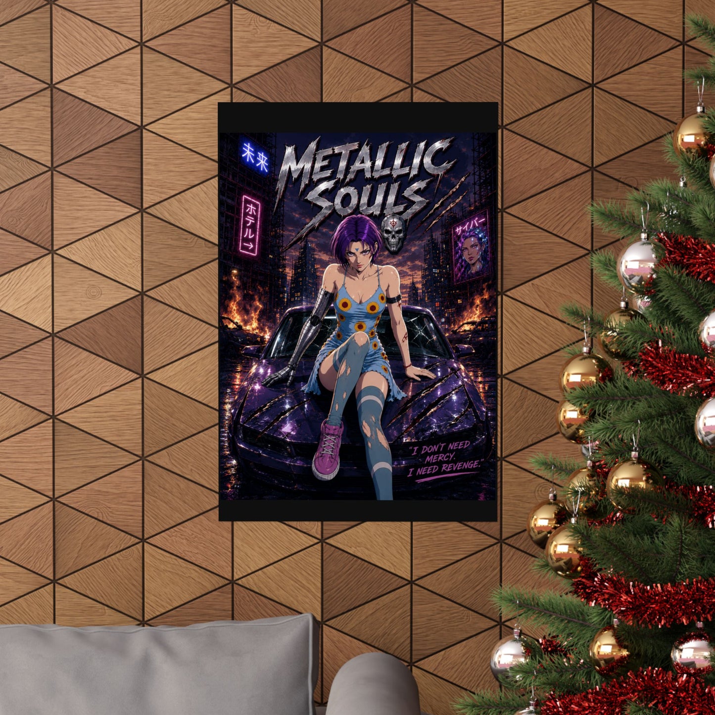 Metallic Souls Anime Poster — Cyberpunk Car Girl Matte Vertical Print