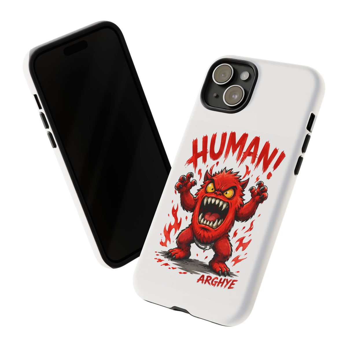 Angry Monster "HUMAN!" Phone Case — Cute Fiery Creature iPhone Cover