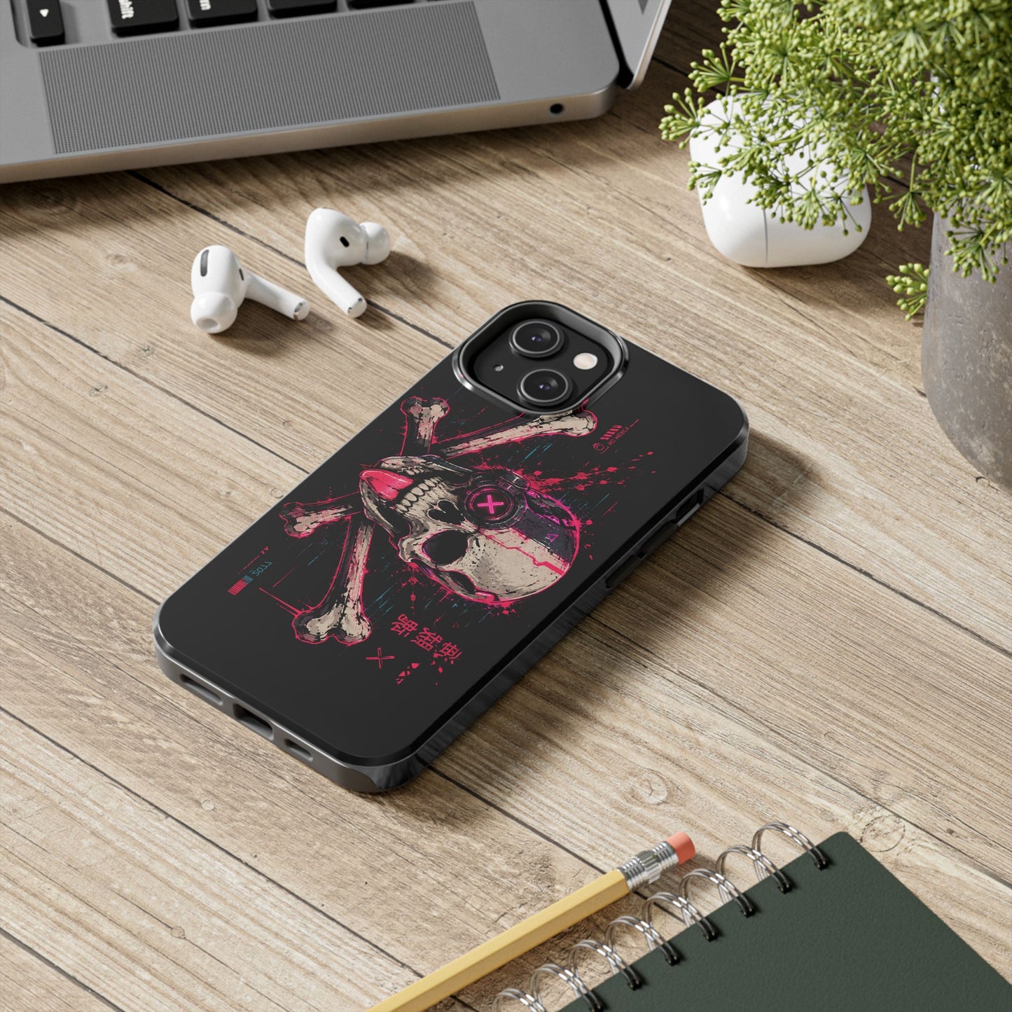Skull & Crossbones Tough Phone Case — Neon Cyberpunk Skull Design