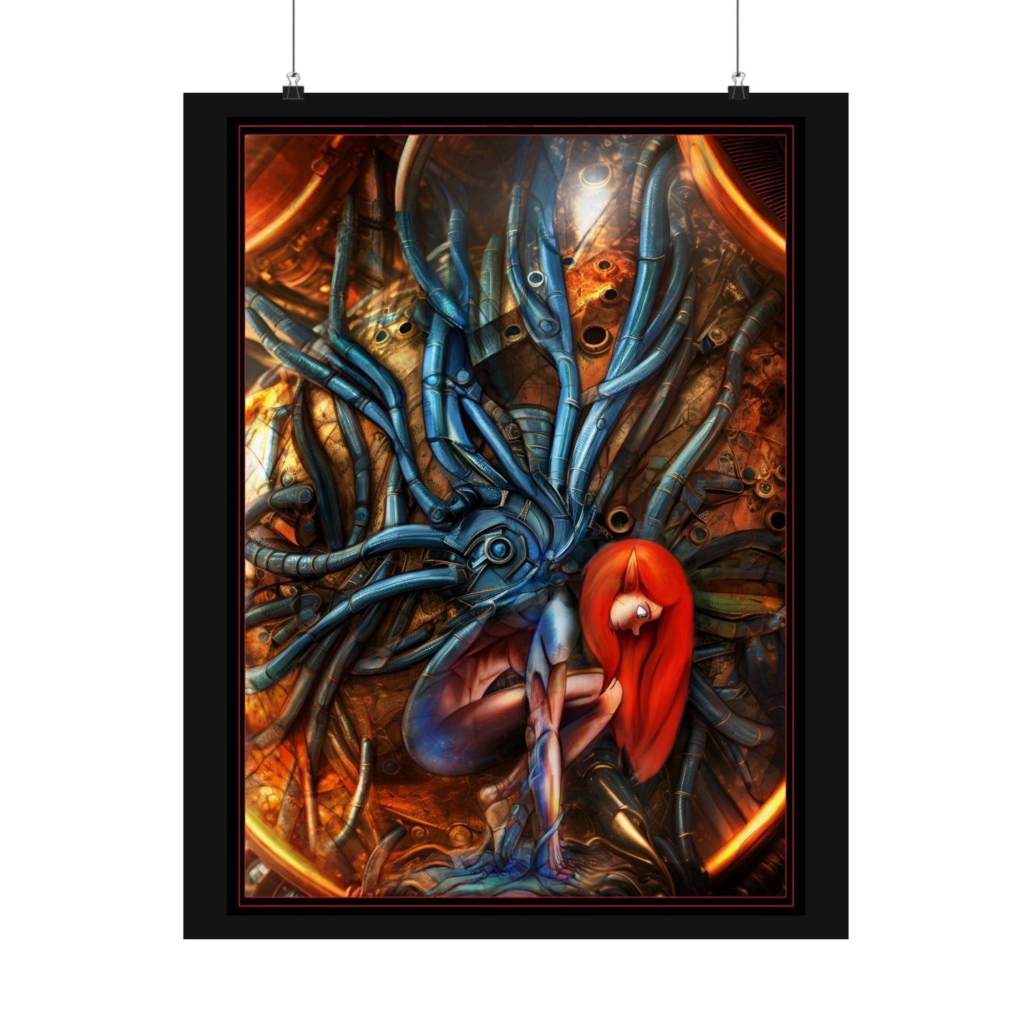 Sci‑Fi Surreal Poster — Red‑Haired Cyborg & Mechanical Kraken Matte Vertical Art