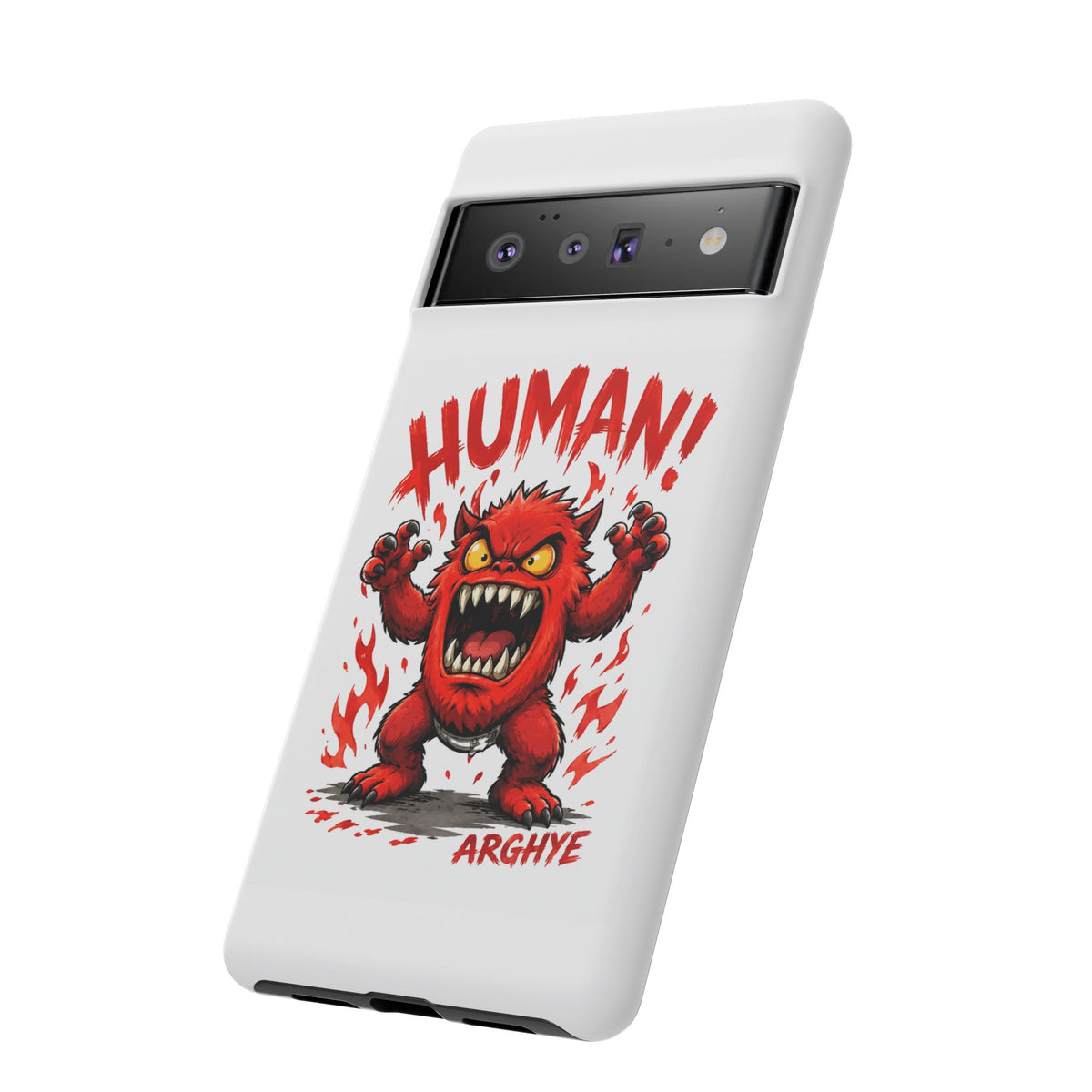 Angry Monster "HUMAN!" Phone Case — Cute Fiery Creature iPhone Cover
