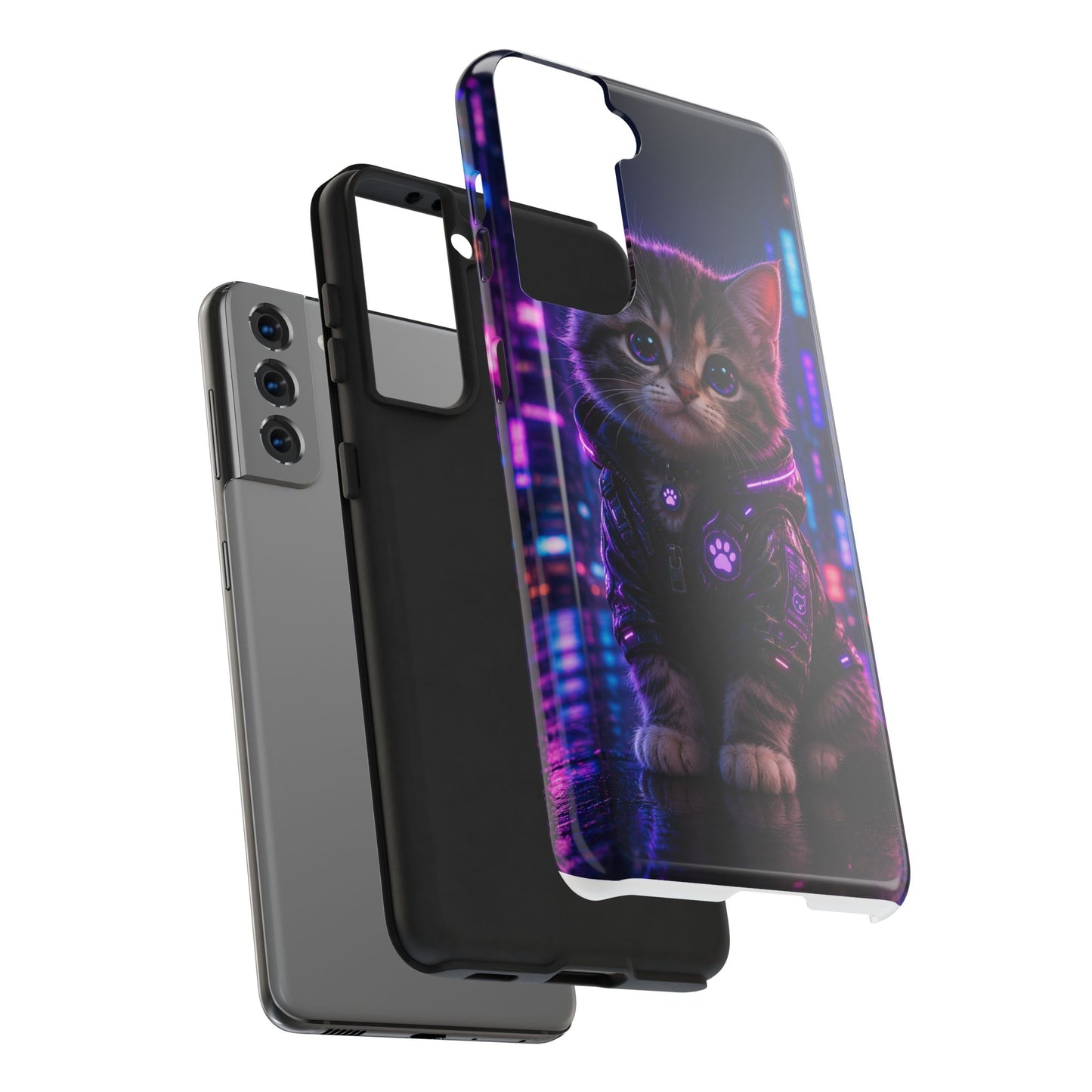 Cyberpunk Kitten Tough Phone Case — Neon Cat Protective Phone Cover