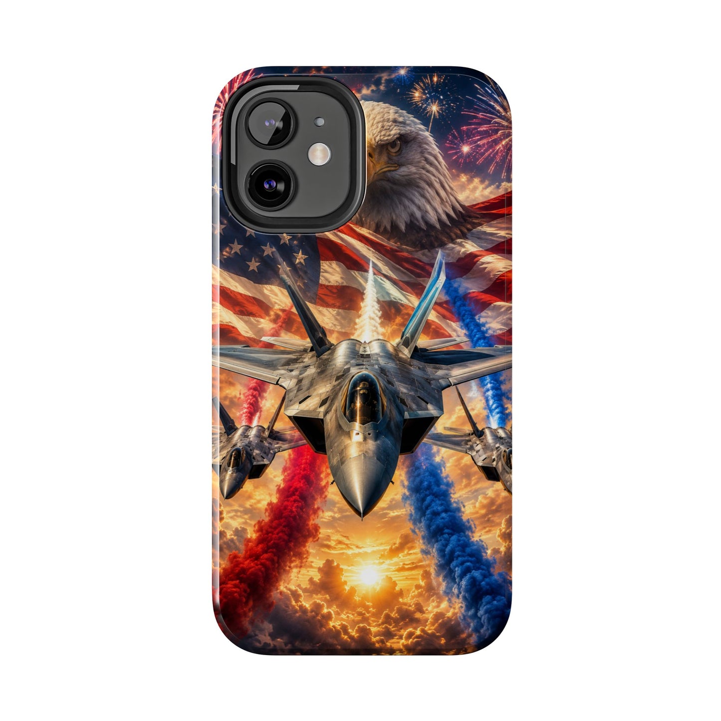 Patriotic Fighter Jet Phone Case with Eagle, American Flag & Fireworks Design