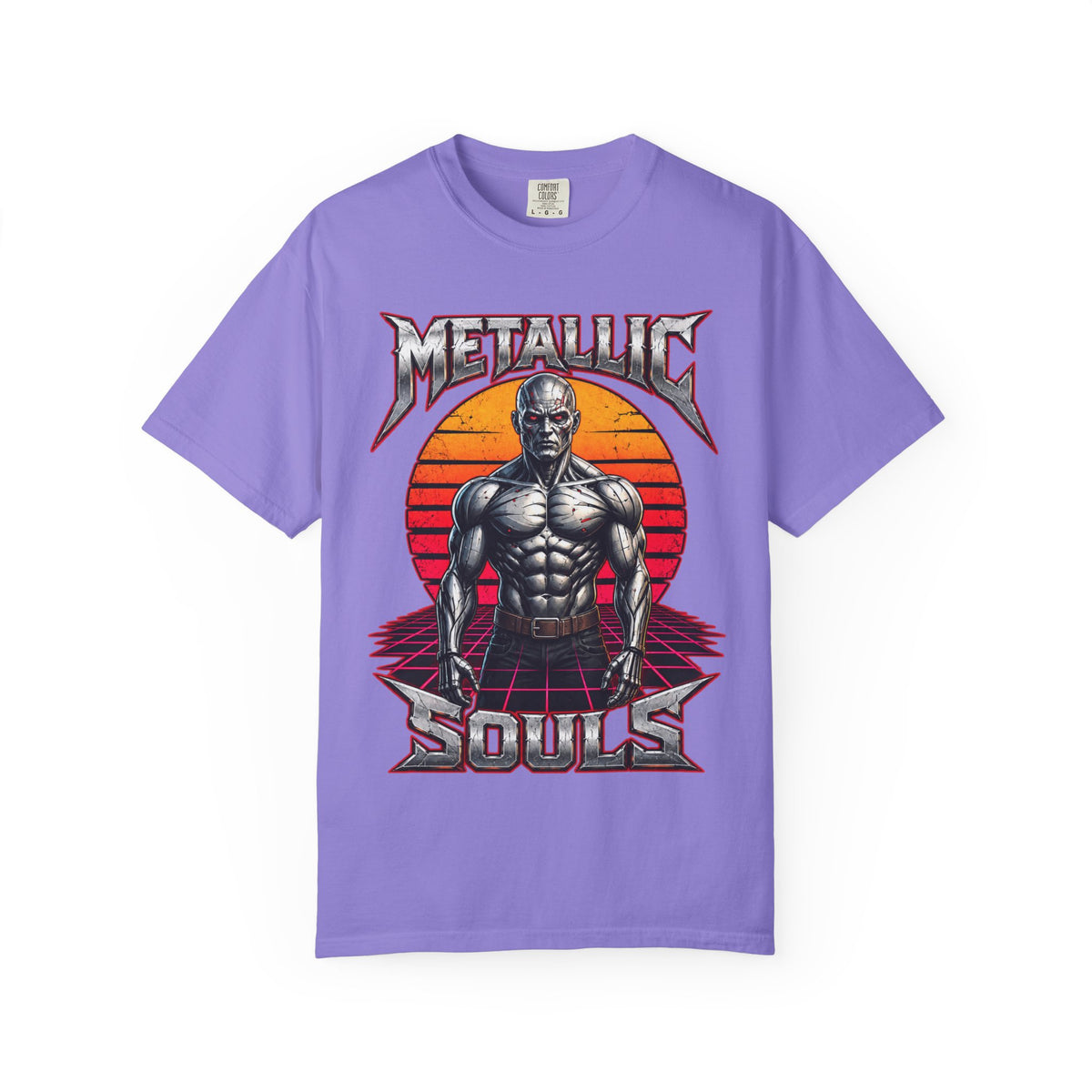 Metallic Souls T-Shirt — Retro Sunset Muscular Warrior Graphic Tee