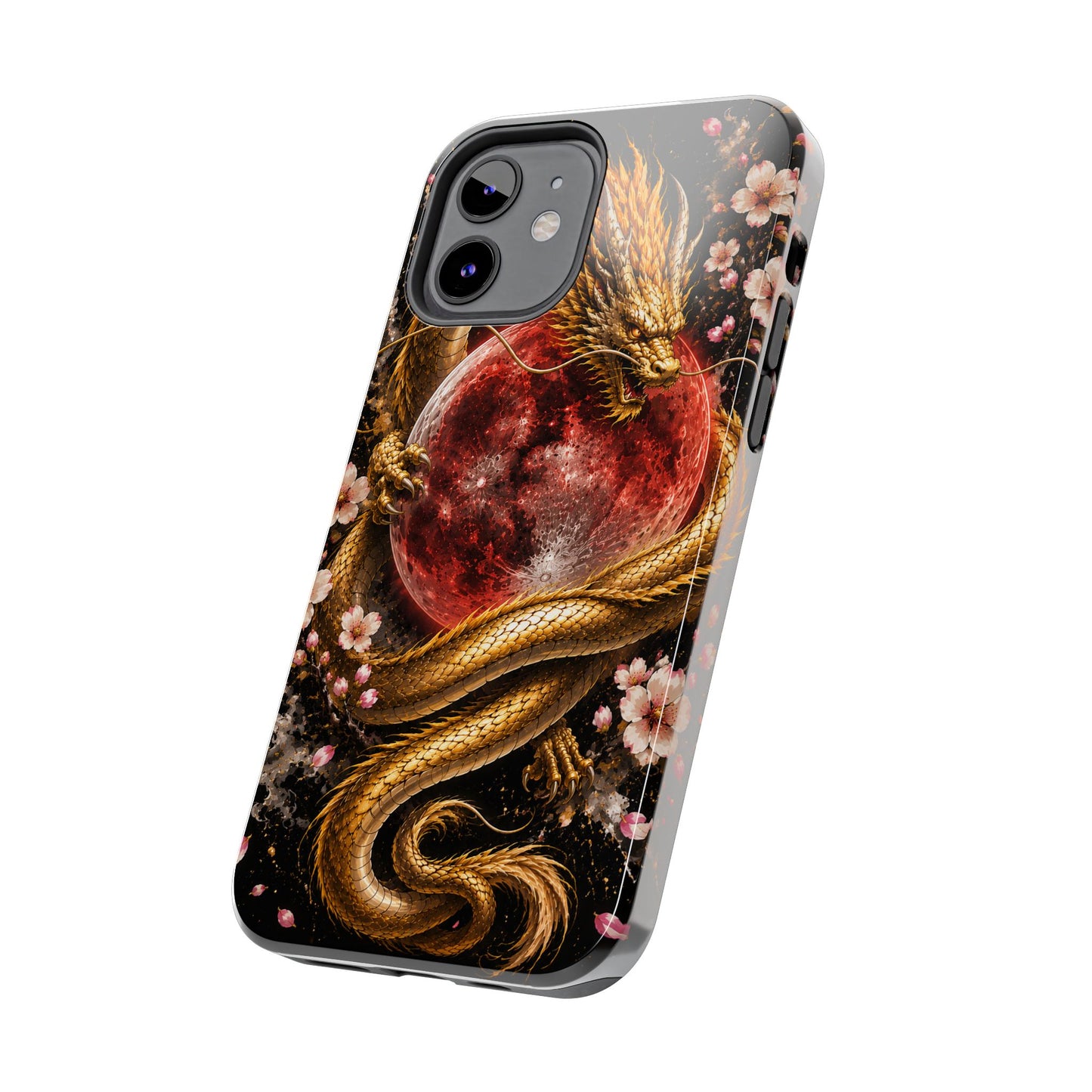 Golden Dragon Moon Tough Phone Case — Cherry Blossoms & Red Moon Protective Cover