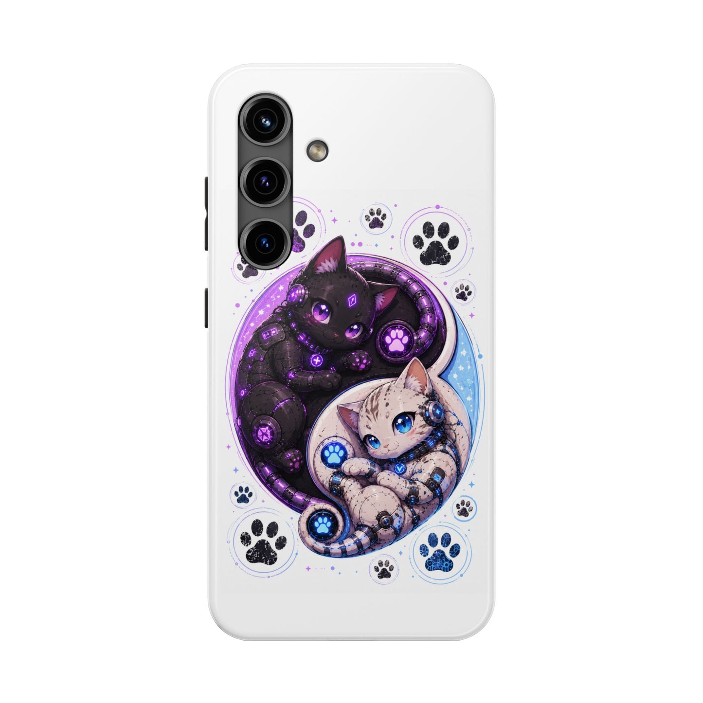 Cat Yin Yang Tough Phone Case — Black & White Kittens, Paw Print Protective Cover