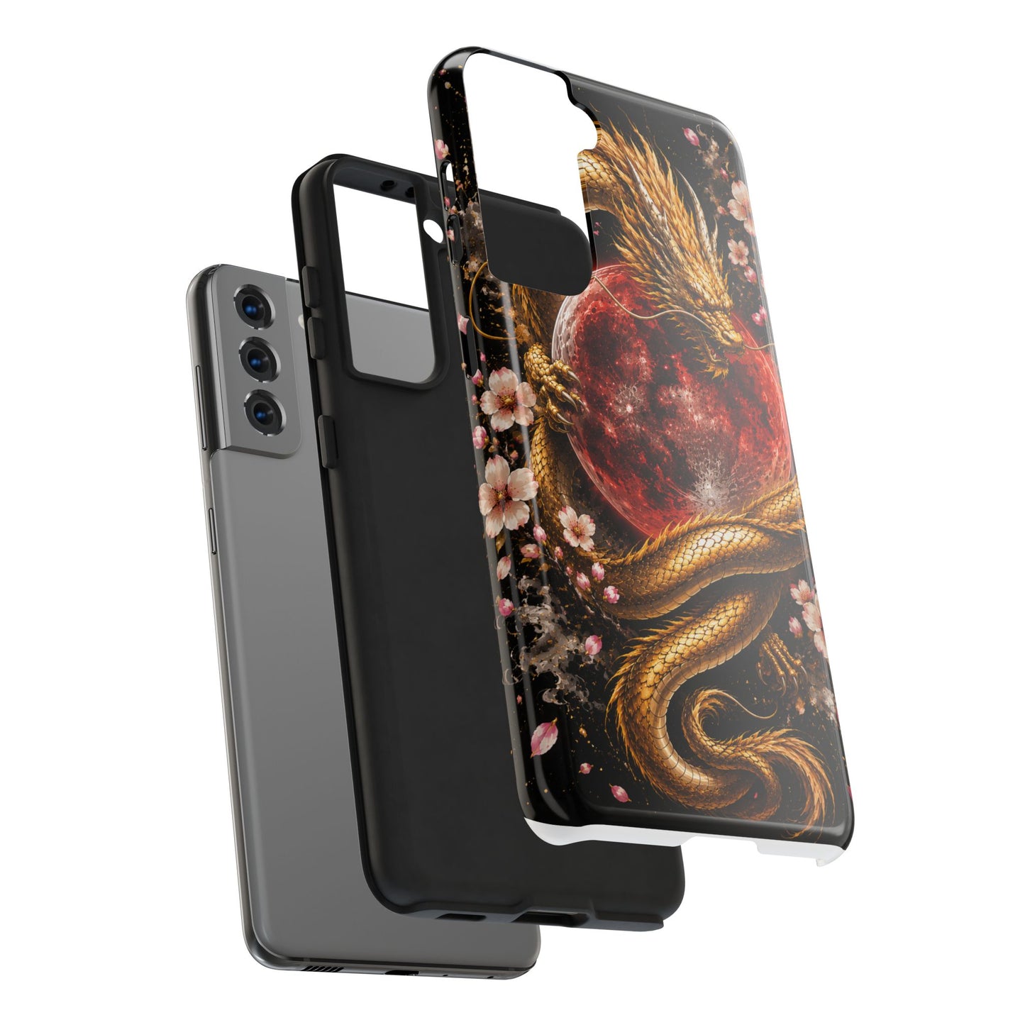 Golden Dragon Moon Tough Phone Case — Cherry Blossoms & Red Moon Protective Cover