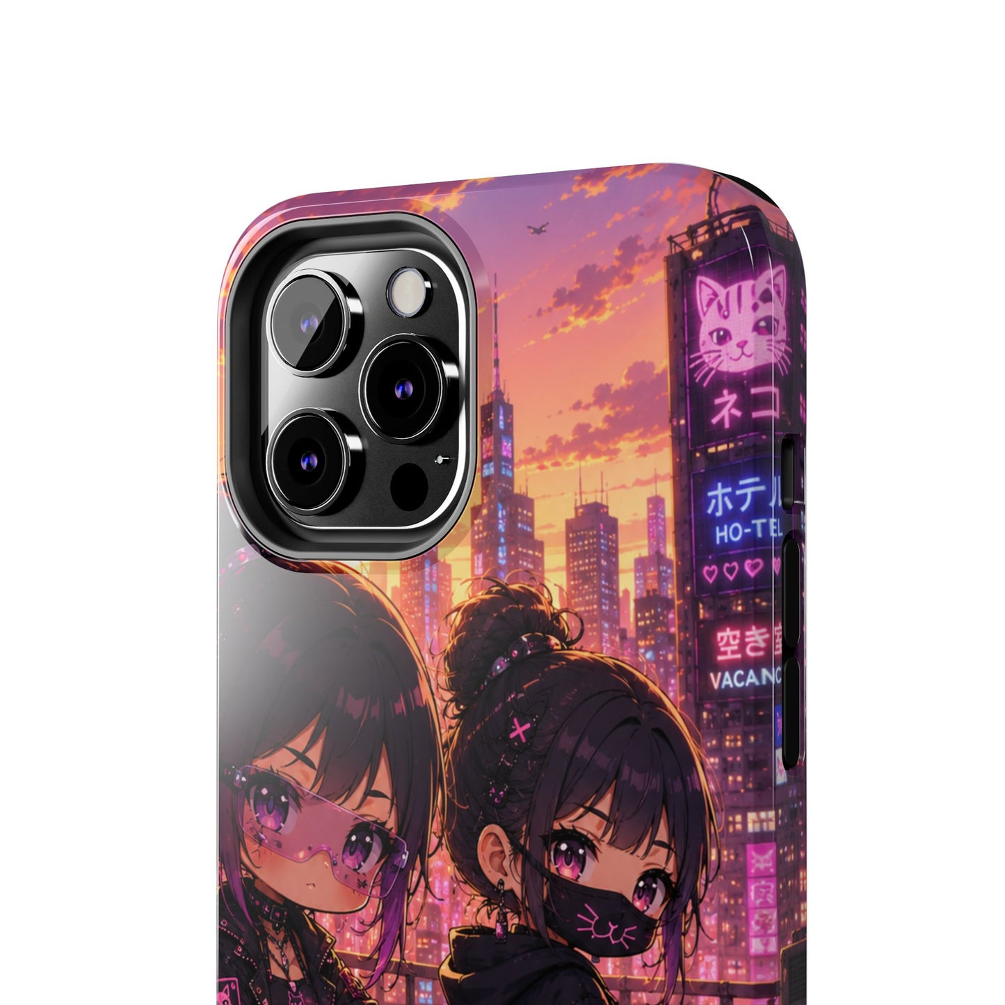 Anime City Night Tough Phone Case — Kawaii Cyberpunk Characters & Cat