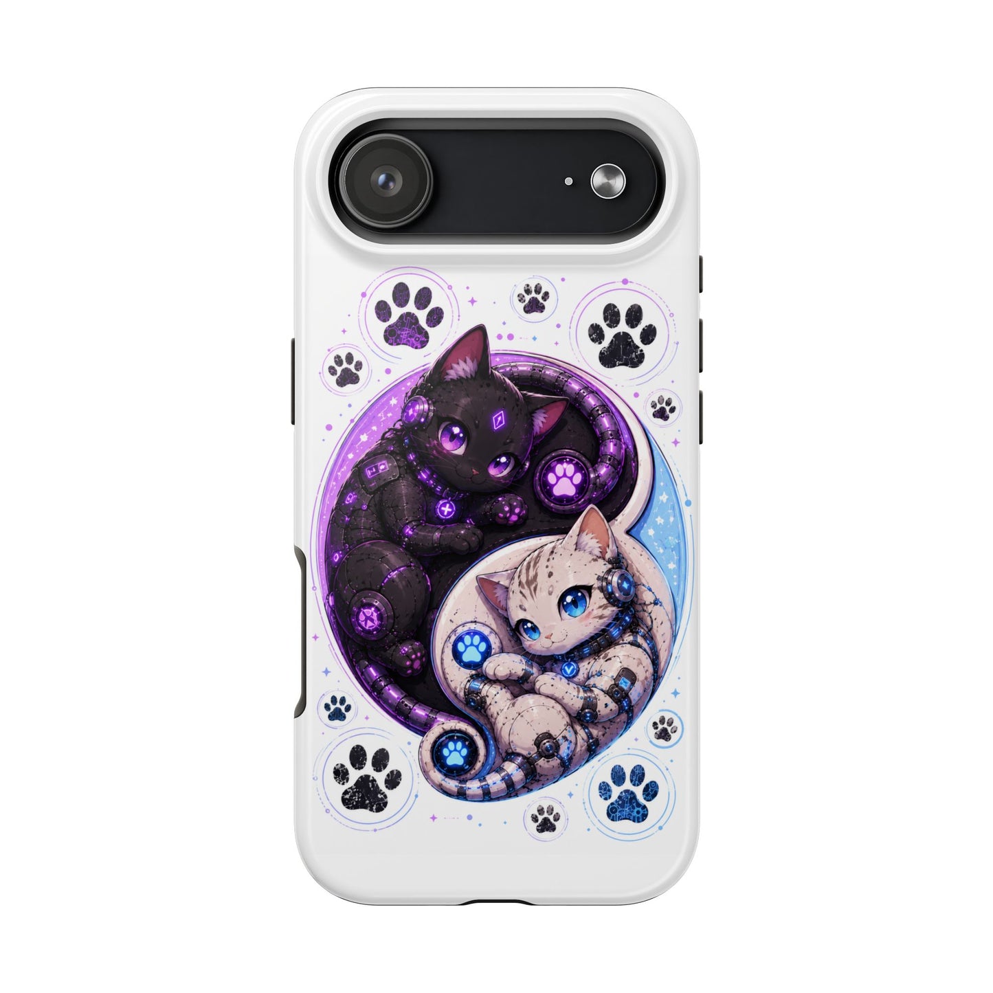 Cat Yin Yang Tough Phone Case — Black & White Kittens, Paw Print Protective Cover