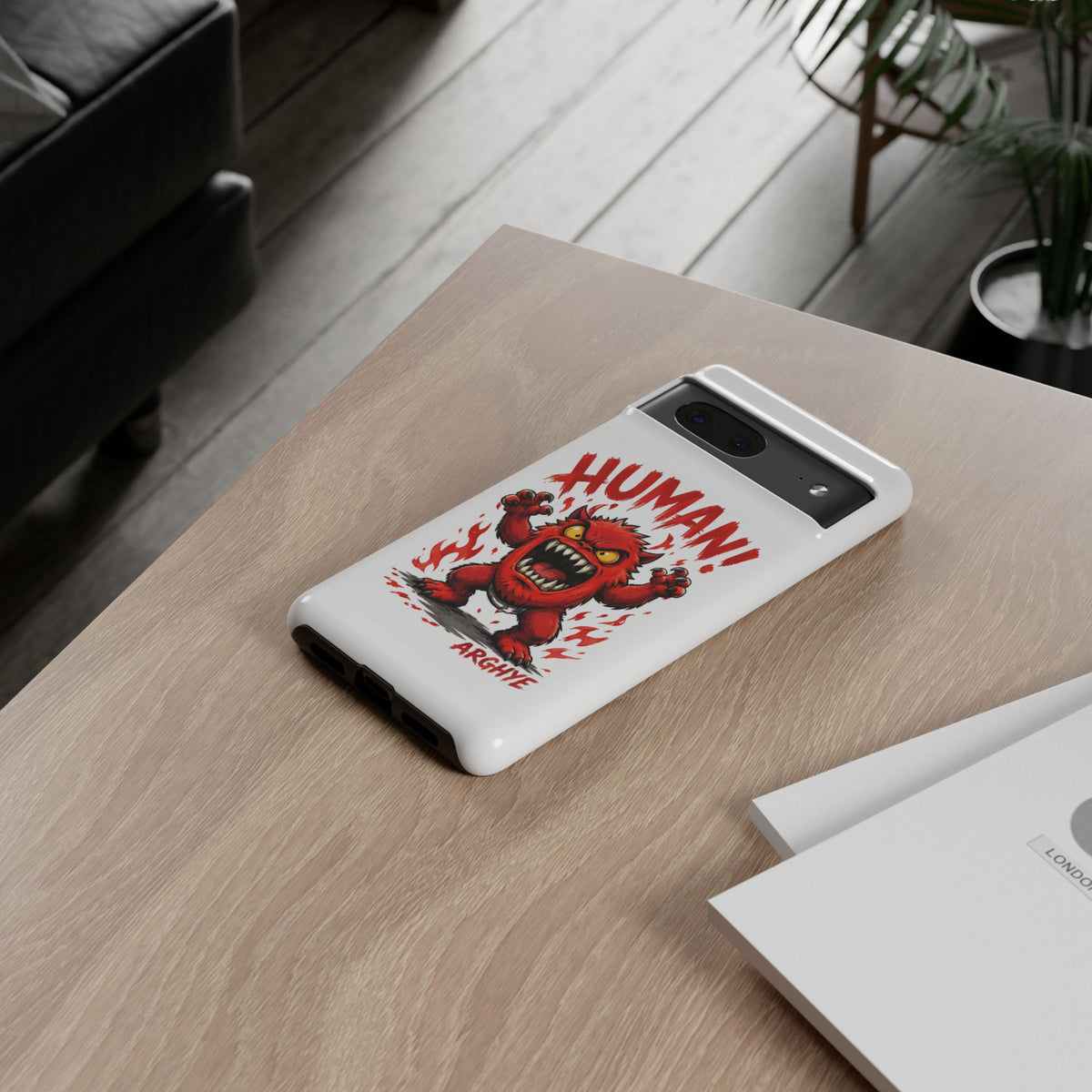 Angry Monster "HUMAN!" Phone Case — Cute Fiery Creature iPhone Cover