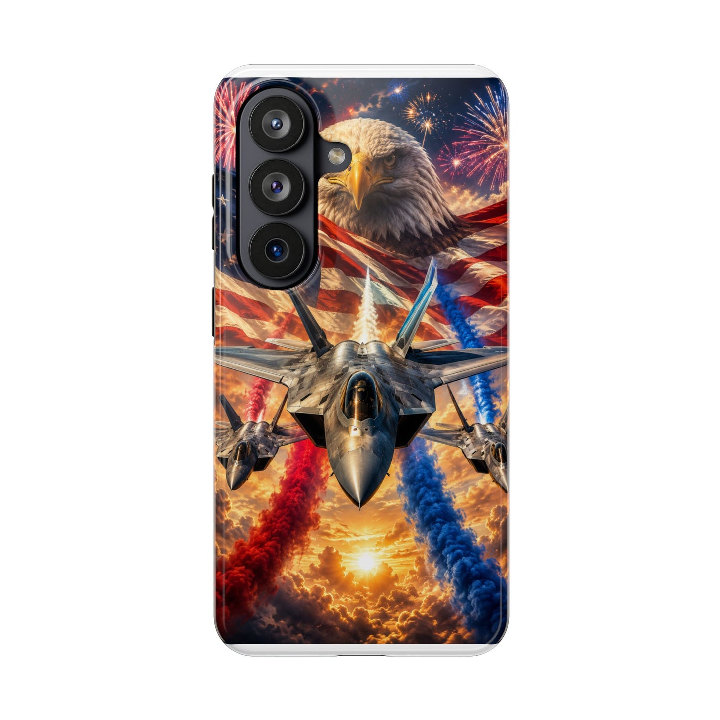 Patriotic Fighter Jet Phone Case with Eagle, American Flag & Fireworks Design