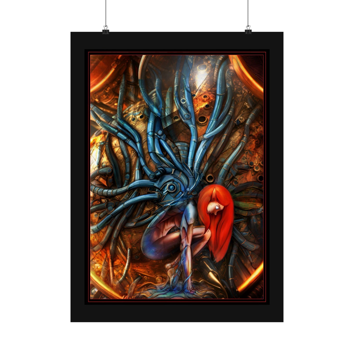 Sci‑Fi Surreal Poster — Red‑Haired Cyborg & Mechanical Kraken Matte Vertical Art