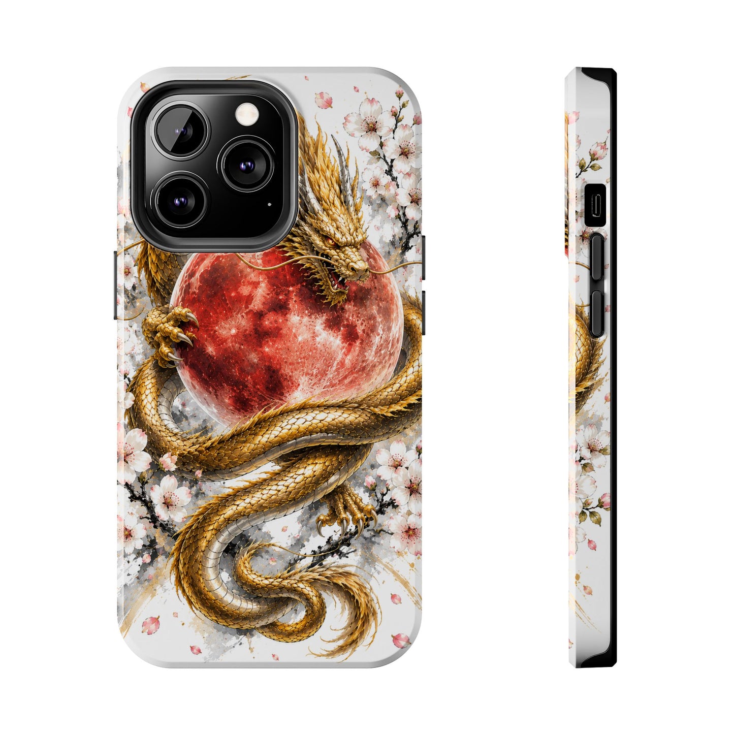 Golden Dragon Phone Case — Red Moon & Cherry Blossom Tough Phone Case