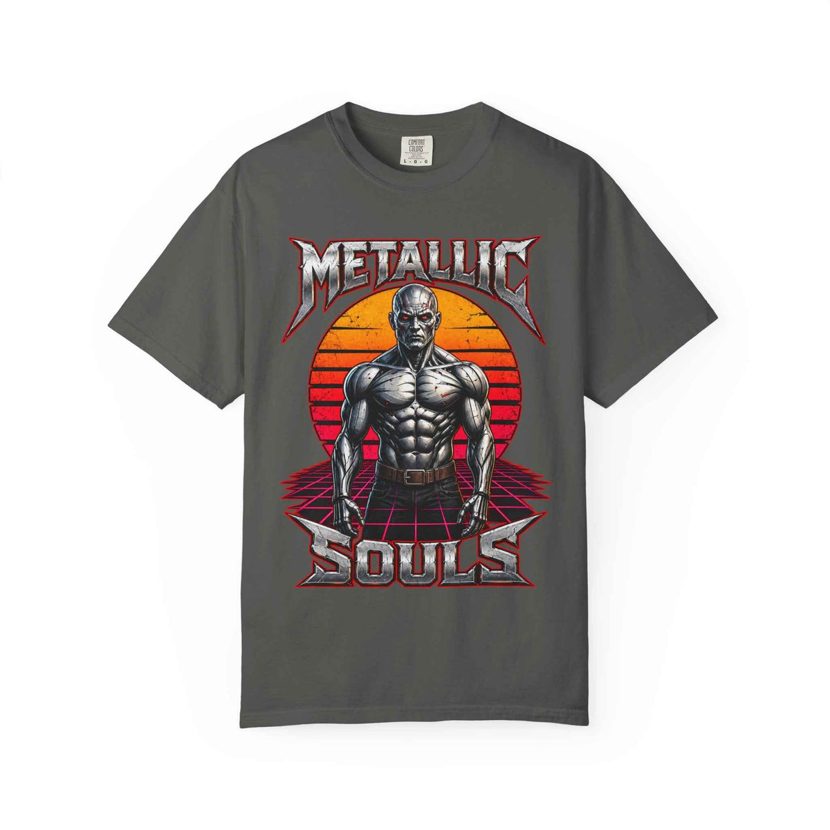 Metallic Souls T-Shirt — Retro Sunset Muscular Warrior Graphic Tee