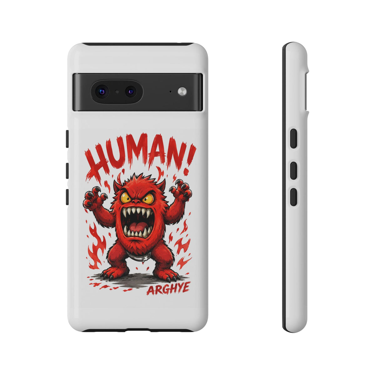 Angry Monster "HUMAN!" Phone Case — Cute Fiery Creature iPhone Cover