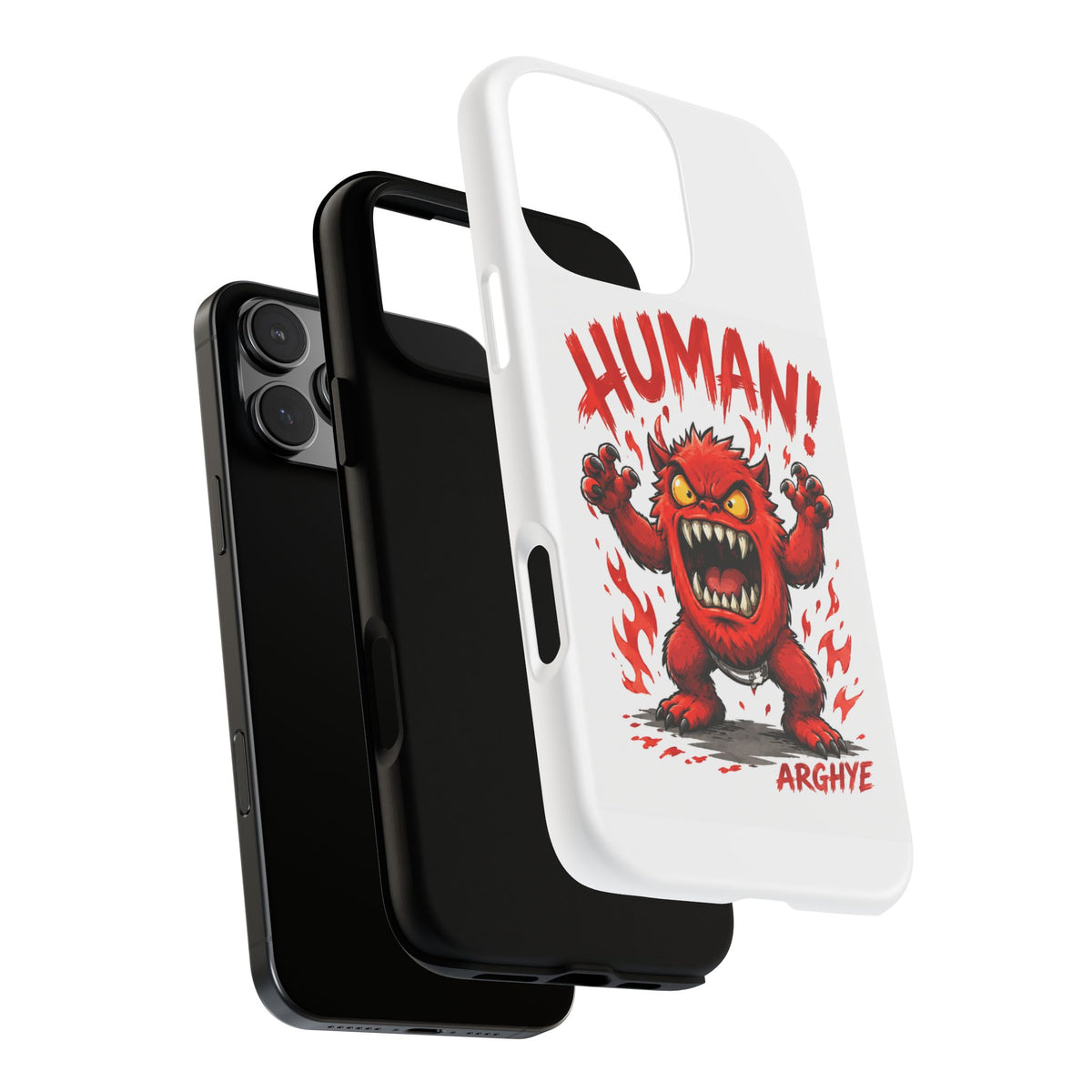 Angry Monster "HUMAN!" Phone Case — Cute Fiery Creature iPhone Cover