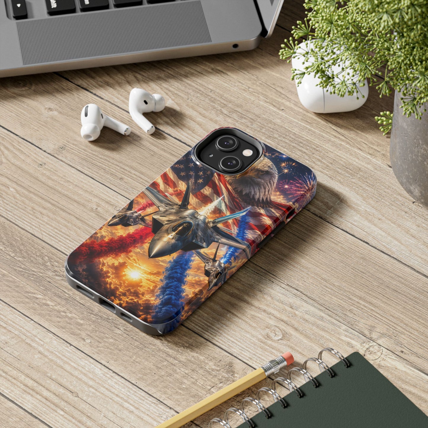 Patriotic Fighter Jet Phone Case with Eagle, American Flag & Fireworks Design
