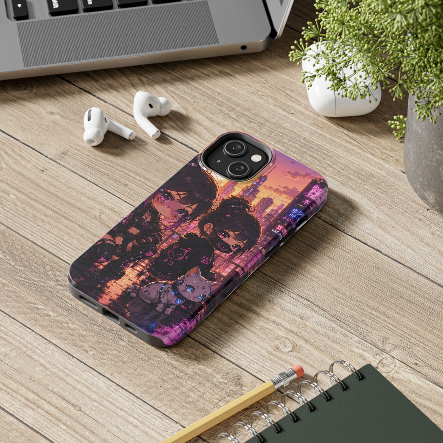 Anime City Night Tough Phone Case — Kawaii Cyberpunk Characters & Cat