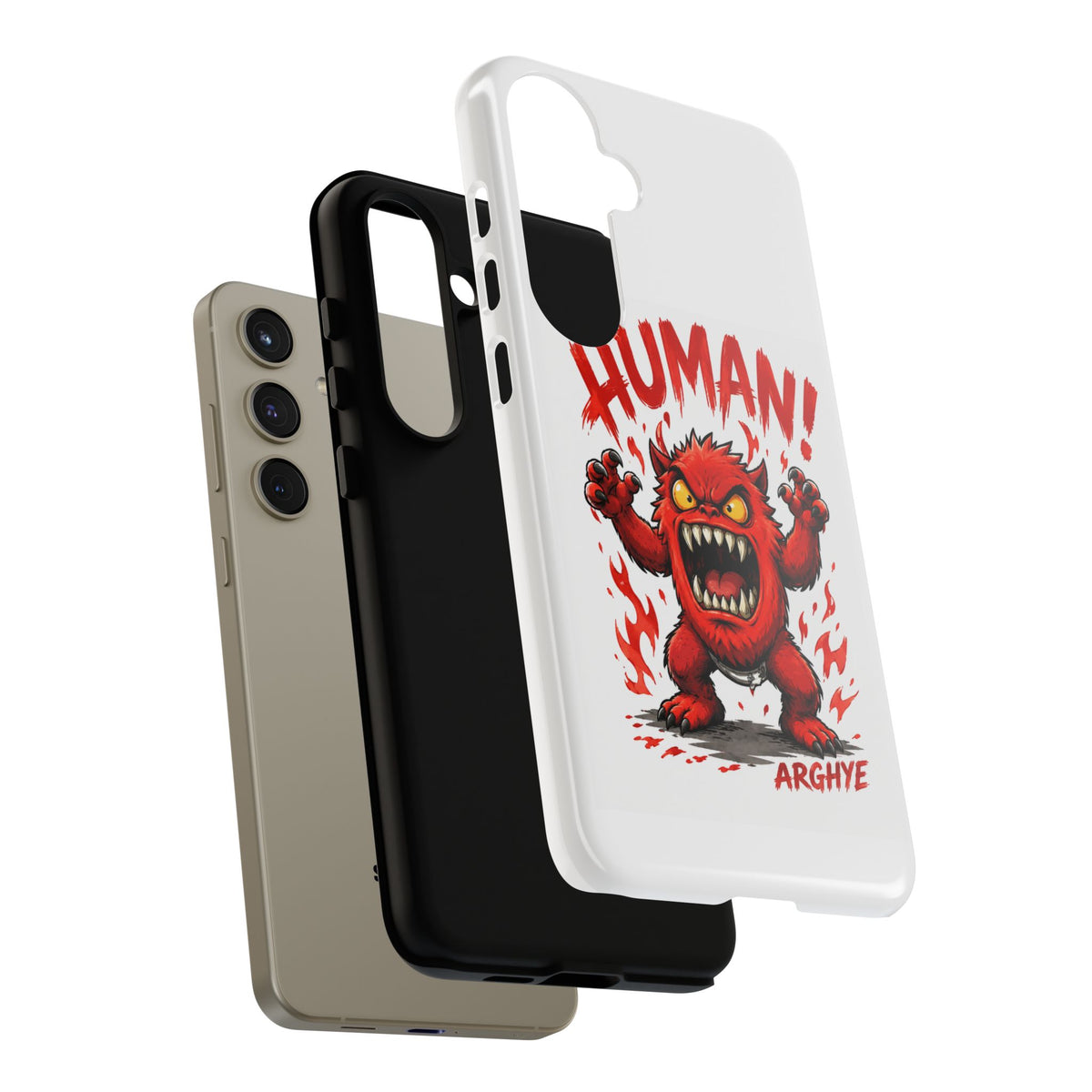 Angry Monster "HUMAN!" Phone Case — Cute Fiery Creature iPhone Cover