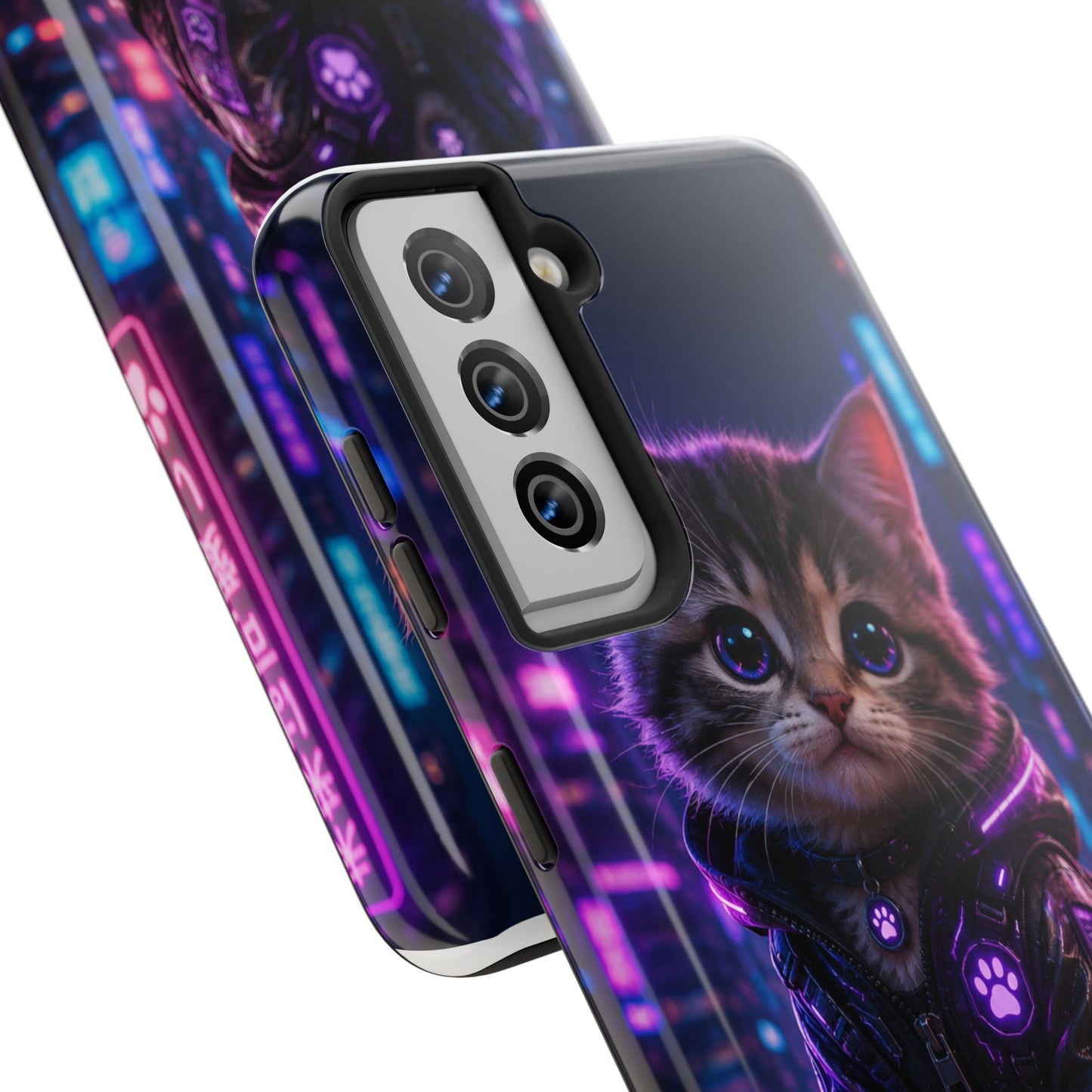 Cyberpunk Kitten Tough Phone Case — Neon Cat Protective Phone Cover