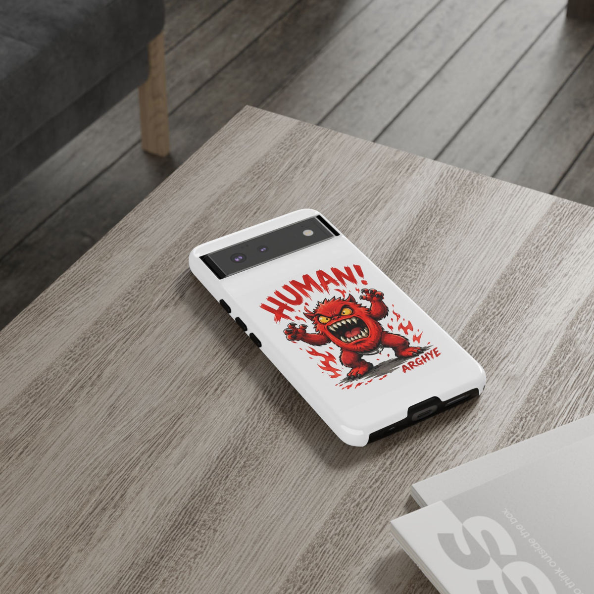 Angry Monster "HUMAN!" Phone Case — Cute Fiery Creature iPhone Cover