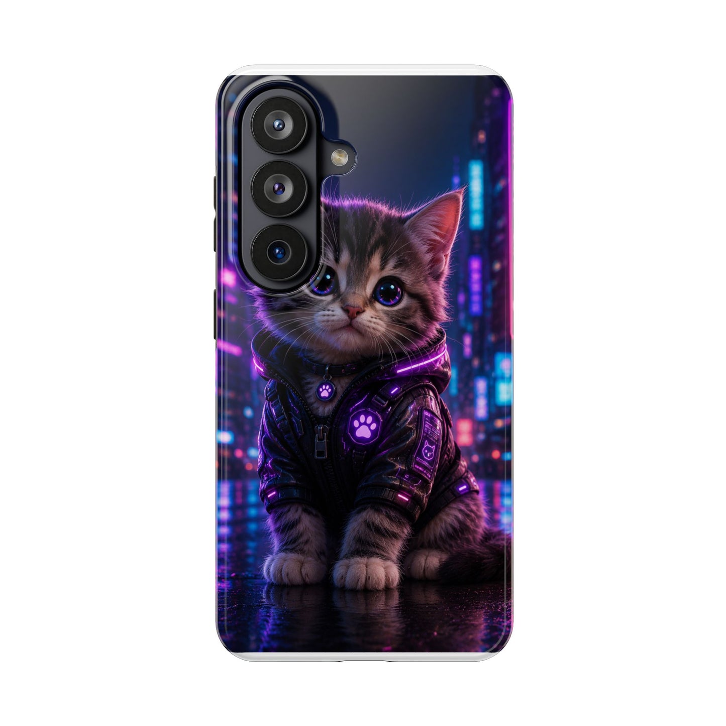 Cyberpunk Kitten Tough Phone Case — Neon Cat Protective Phone Cover