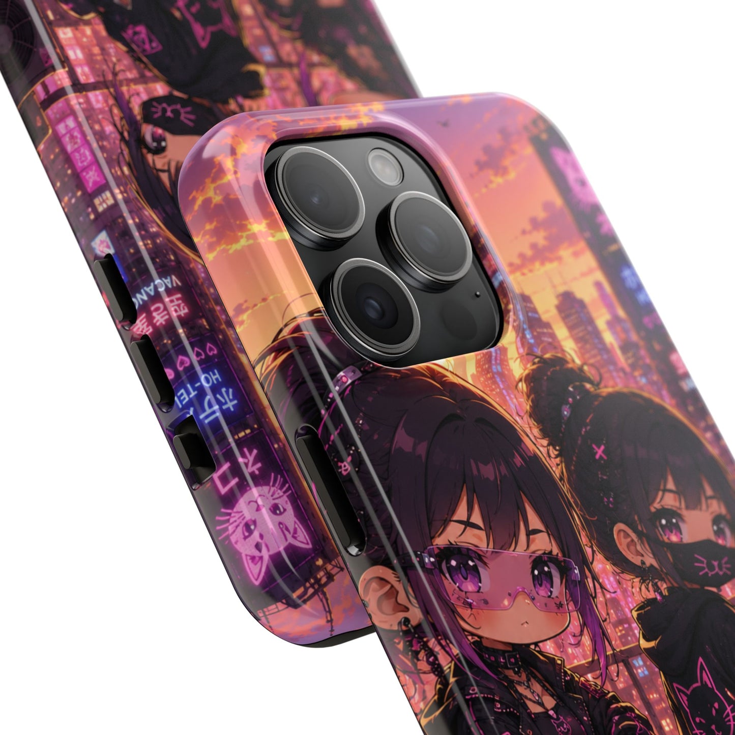 Anime City Night Tough Phone Case — Kawaii Cyberpunk Characters & Cat