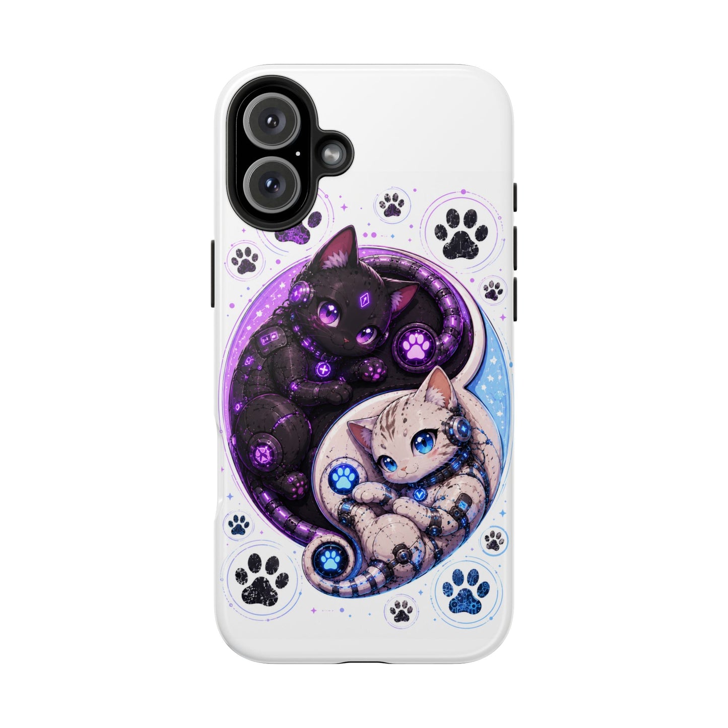 Cat Yin Yang Tough Phone Case — Black & White Kittens, Paw Print Protective Cover