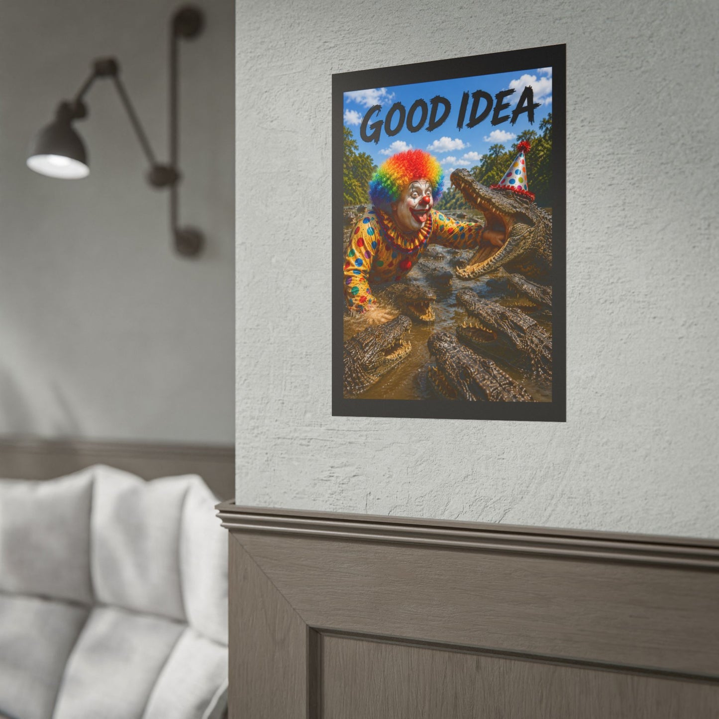 Clown & Crocodile 'Good Idea' Poster - Funny Surreal Wall Art