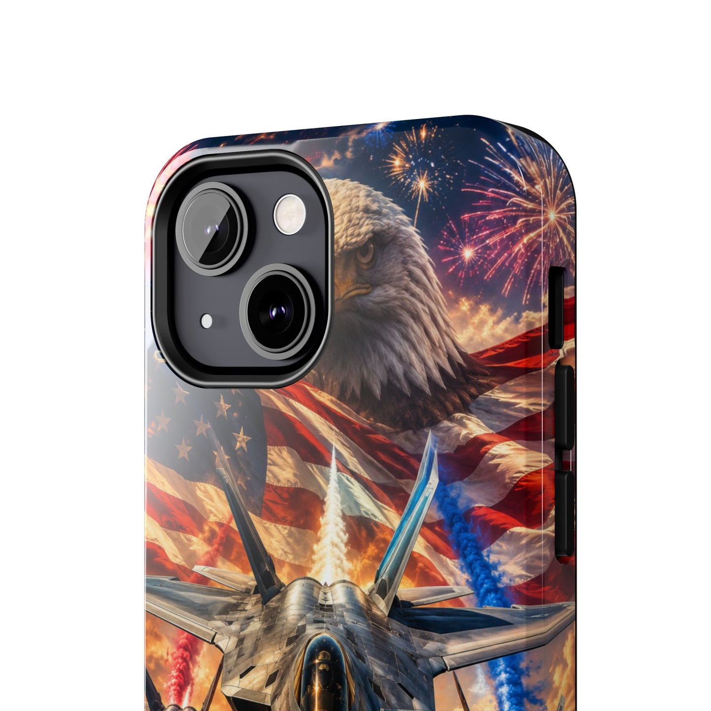 Patriotic Fighter Jet Phone Case with Eagle, American Flag & Fireworks Design