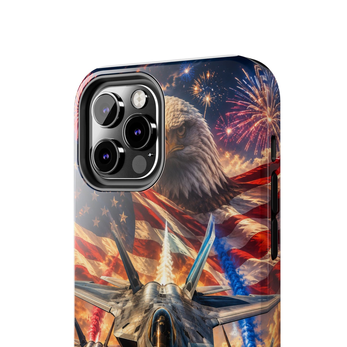 Patriotic Fighter Jet Phone Case with Eagle, American Flag & Fireworks Design