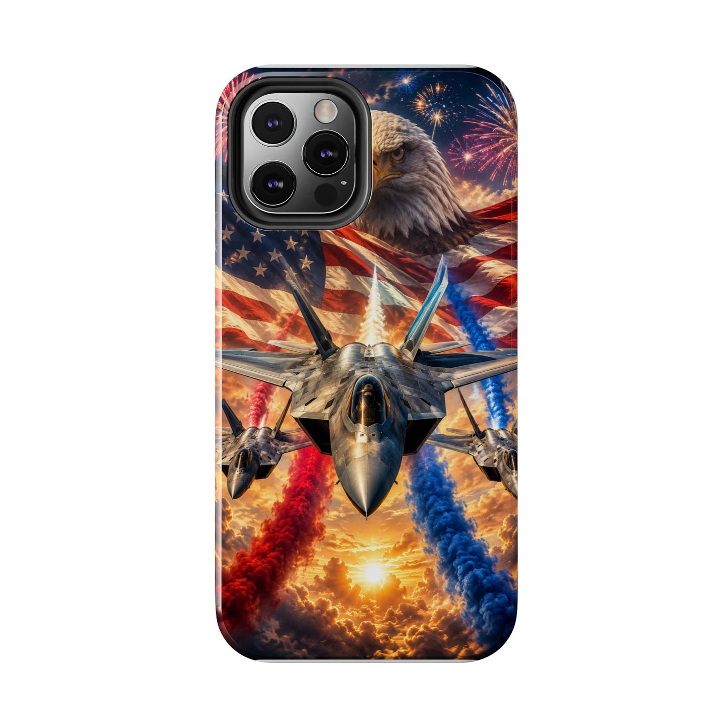 Patriotic Fighter Jet Phone Case with Eagle, American Flag & Fireworks Design