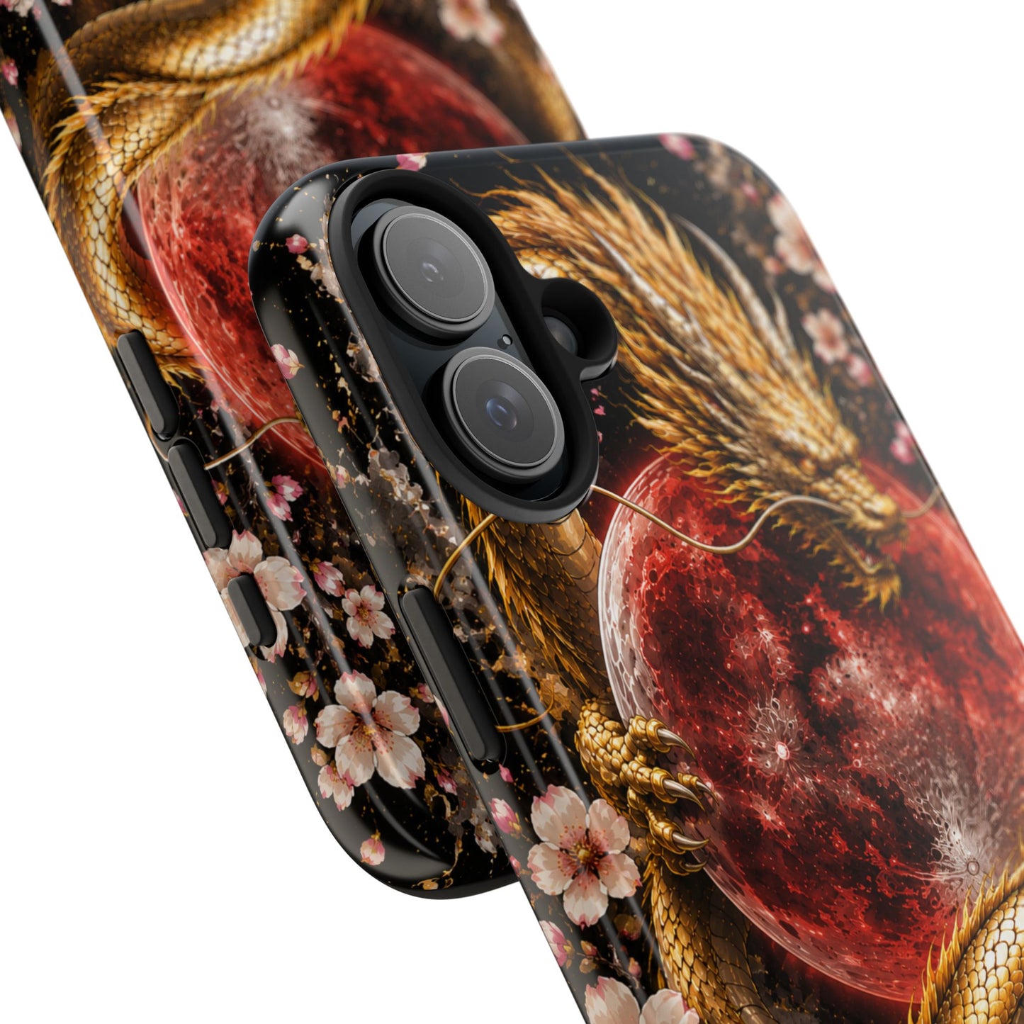 Golden Dragon Moon Tough Phone Case — Cherry Blossoms & Red Moon Protective Cover