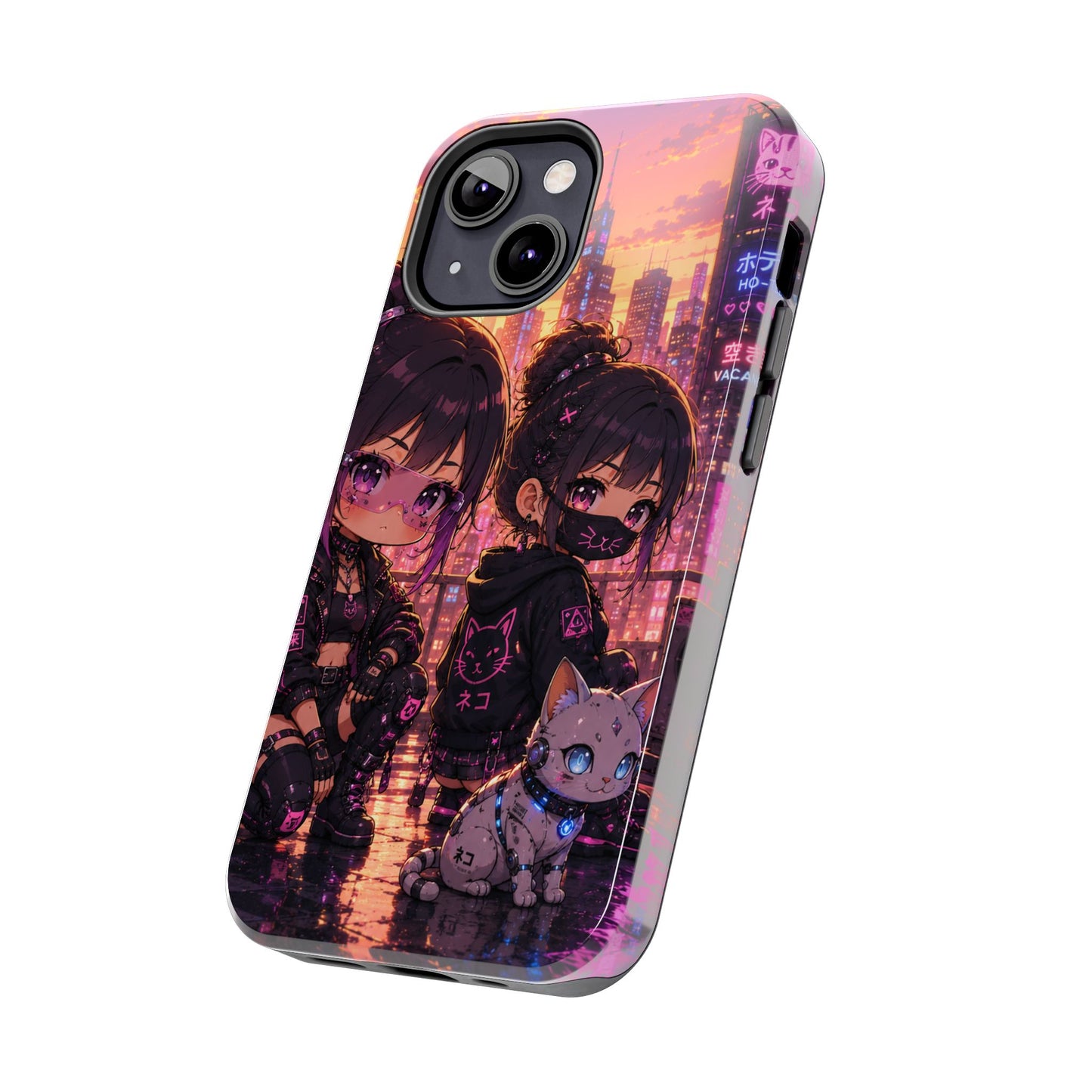 Anime City Night Tough Phone Case — Kawaii Cyberpunk Characters & Cat